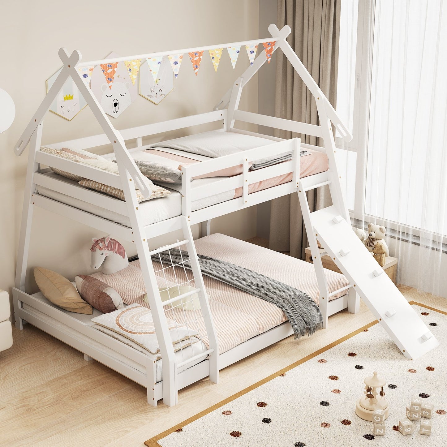 Twin Over Queen Bunk Bed Wooden Kids Bed with Climbing Nets and Ramp, White Toddler Beds   at Gallery Canada