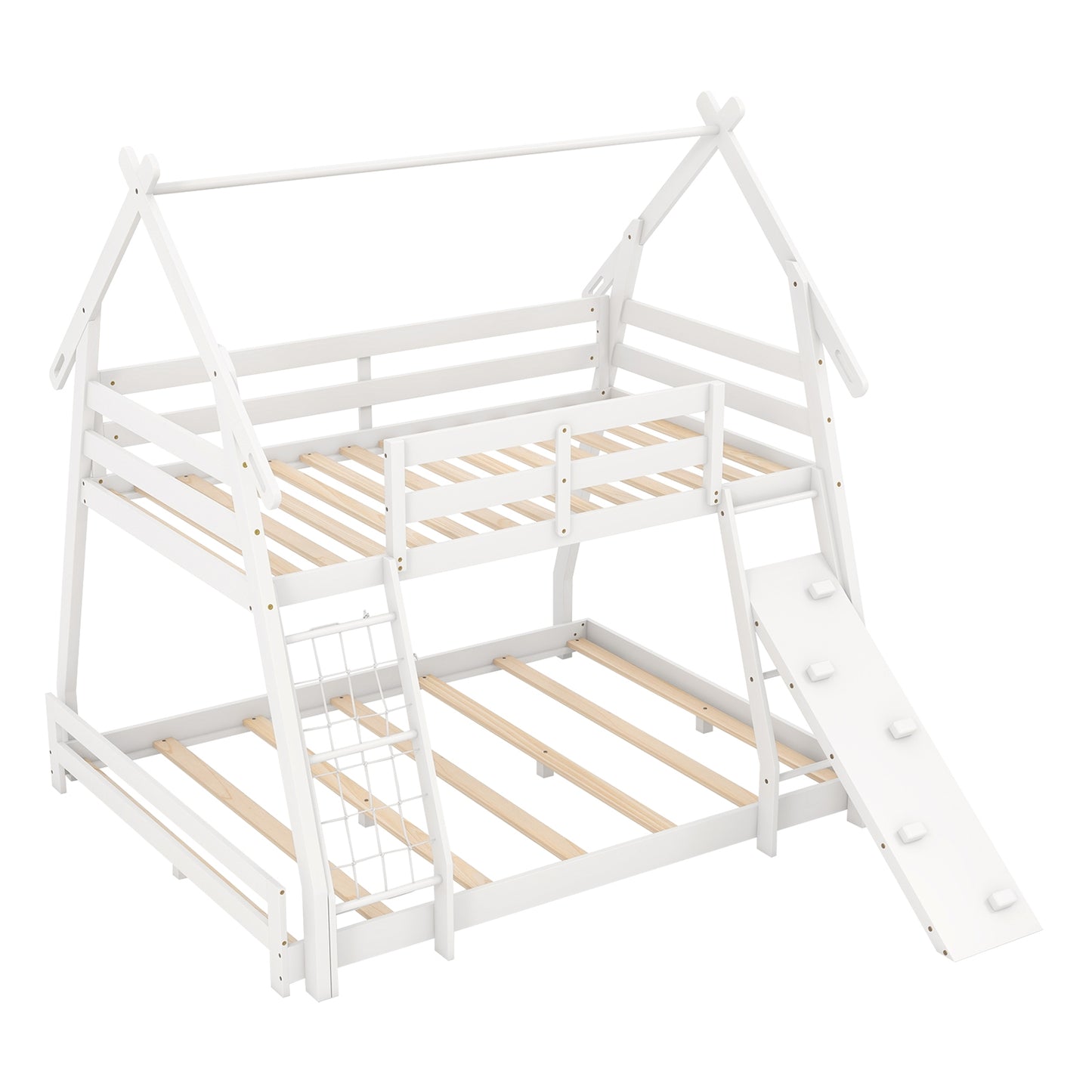 Twin Over Queen Bunk Bed Wooden Kids Bed with Climbing Nets and Ramp, White Toddler Beds White  at Gallery Canada