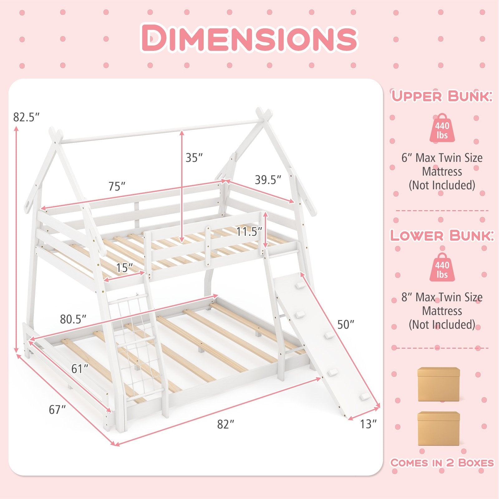 Twin Over Queen Bunk Bed Wooden Kids Bed with Climbing Nets and Ramp, White Toddler Beds   at Gallery Canada