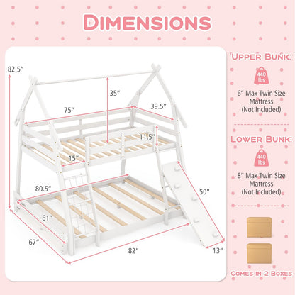 Twin Over Queen Bunk Bed Wooden Kids Bed with Climbing Nets and Ramp, White Toddler Beds   at Gallery Canada