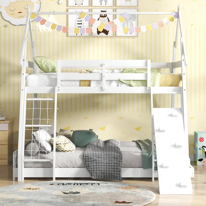 Twin Over Queen Bunk Bed Wooden Kids Bed with Climbing Nets and Ramp, White Toddler Beds   at Gallery Canada