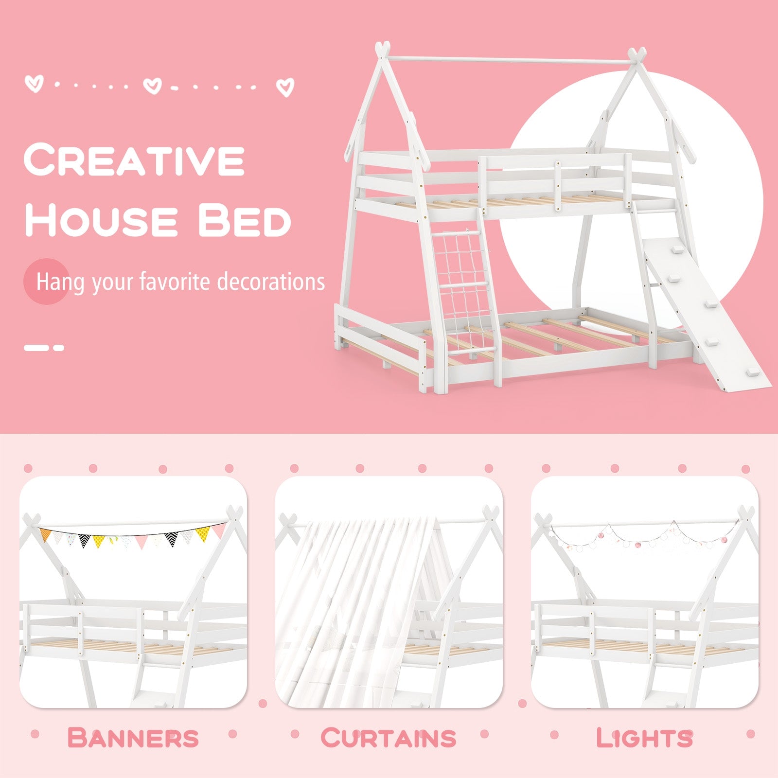 Twin Over Queen Bunk Bed Wooden Kids Bed with Climbing Nets and Ramp, White Toddler Beds   at Gallery Canada