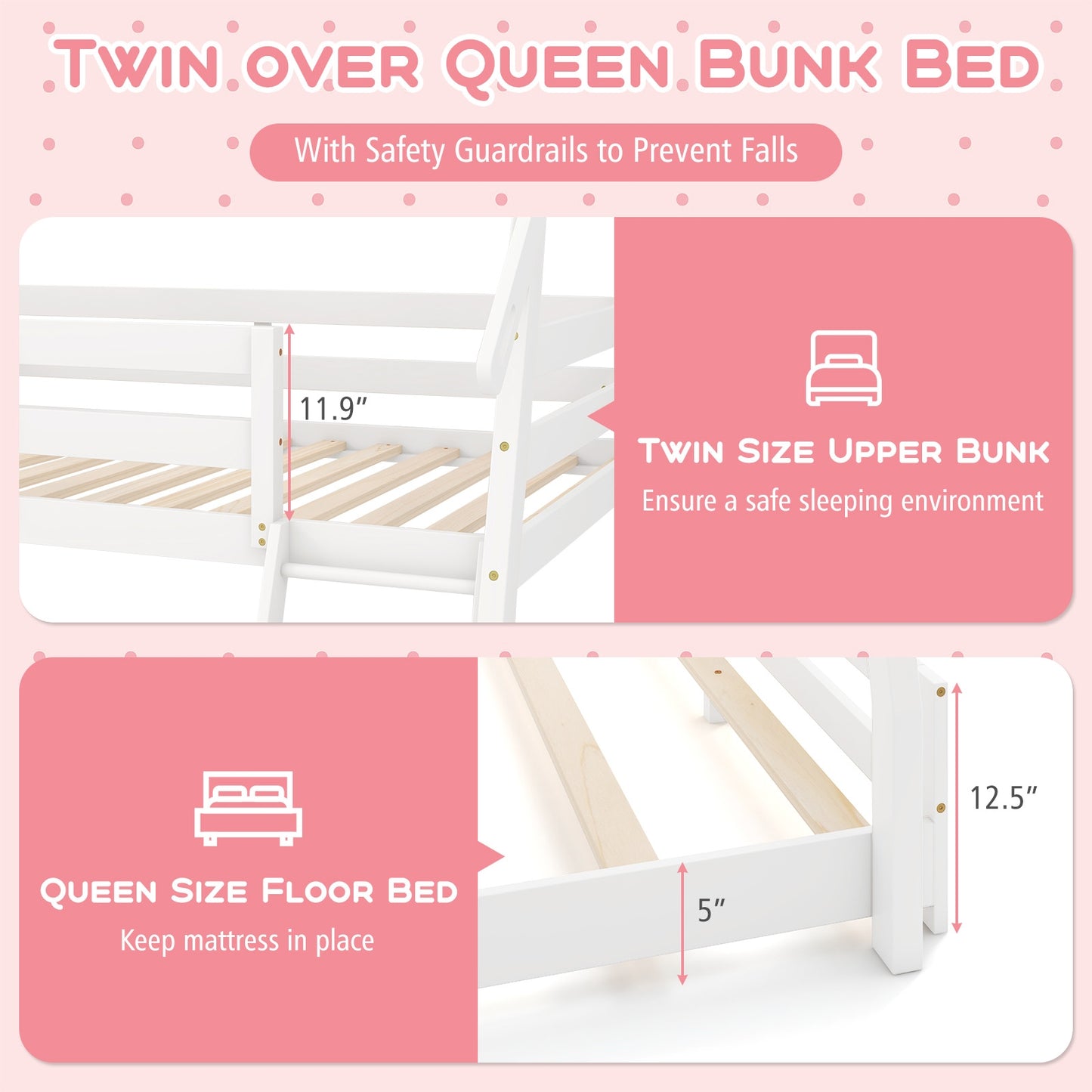 Twin Over Queen Bunk Bed Wooden Kids Bed with Climbing Nets and Ramp, White Toddler Beds   at Gallery Canada