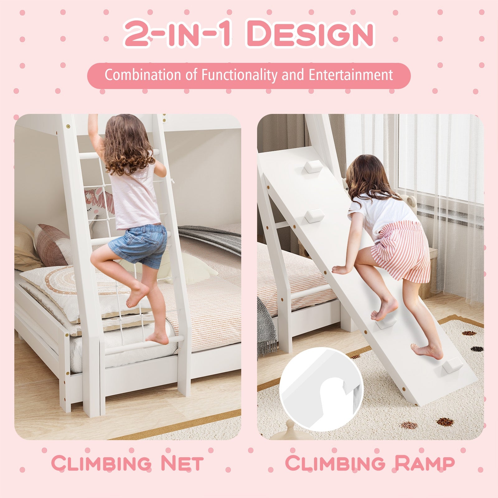 Twin Over Queen Bunk Bed Wooden Kids Bed with Climbing Nets and Ramp, White Toddler Beds   at Gallery Canada