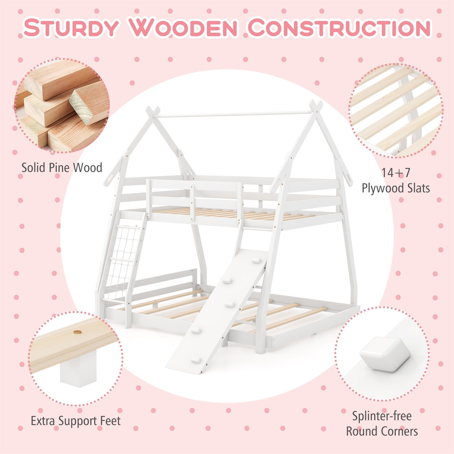 Twin Over Queen Bunk Bed Wooden Kids Bed with Climbing Nets and Ramp, White Toddler Beds   at Gallery Canada