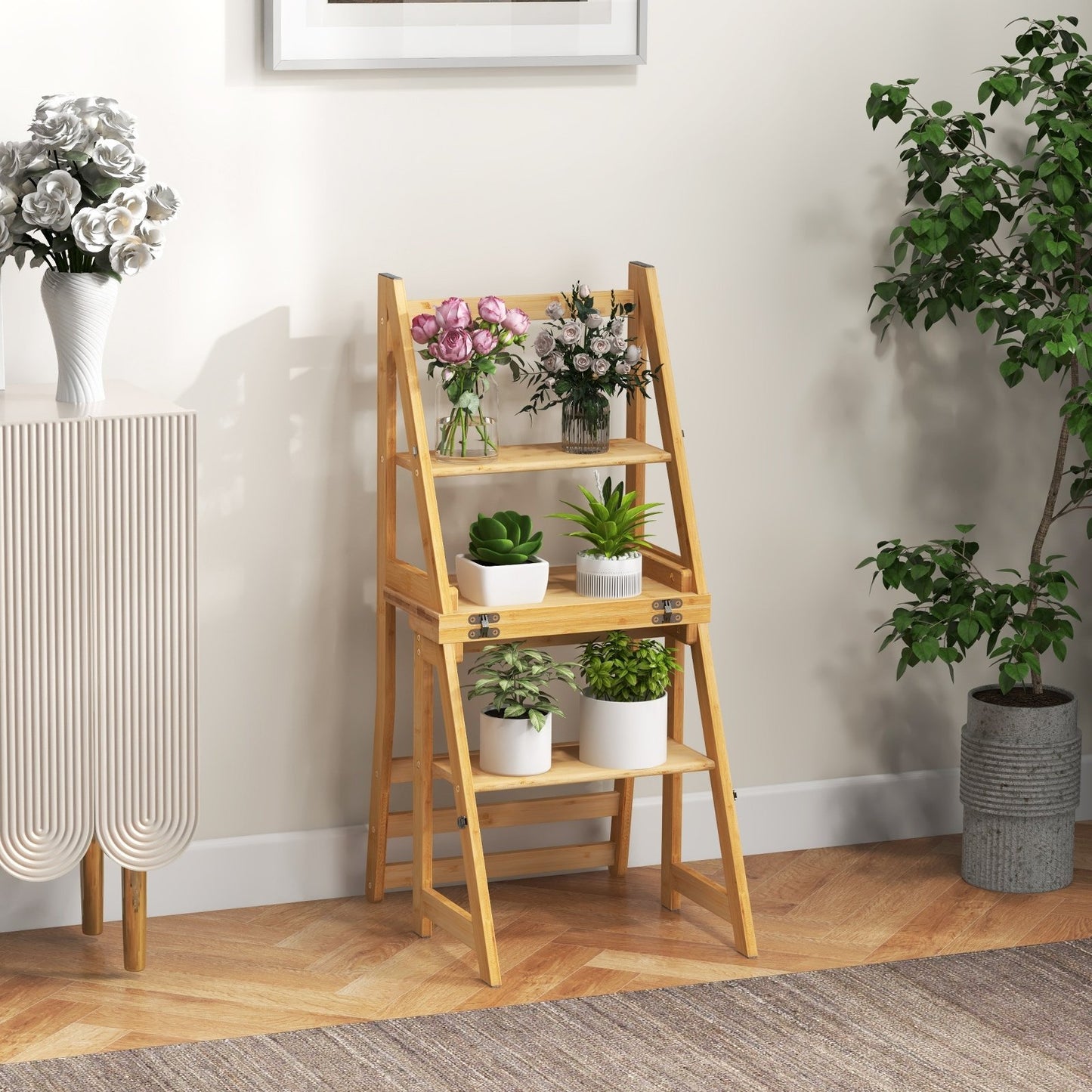 Multifunctional 3-in-1 Ladder Chair Display Plant Stand for Library Kitchen Office, Natural Patio Dining Chairs   at Gallery Canada