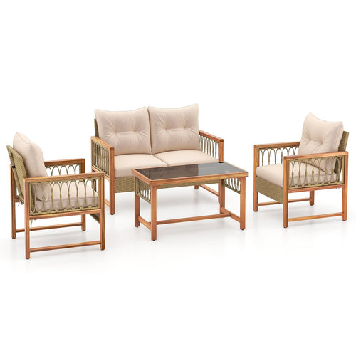 4 Pieces Outdoor Patio PE Wicker Conversation Bistro Set with Acacia Wood Frame, Brown