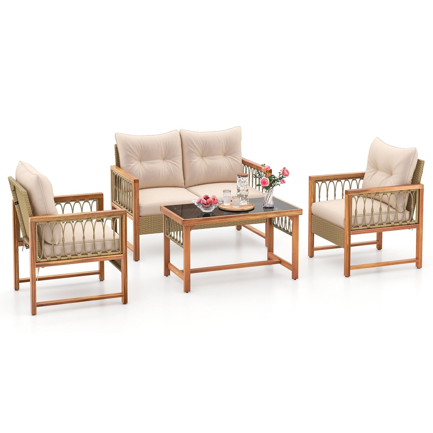 4 Pieces Outdoor Patio PE Wicker Conversation Bistro Set with Acacia Wood Frame, Brown Patio Conversation Sets   at Gallery Canada