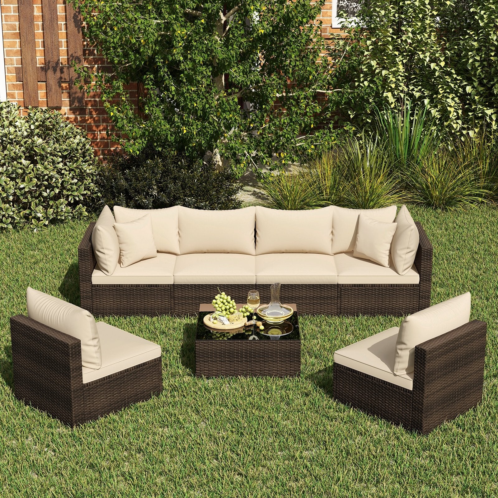 7 Pieces Patio Rattan Furniture Set with Sectional Sofa Cushions, Beige Outdoor Sectionals   at Gallery Canada