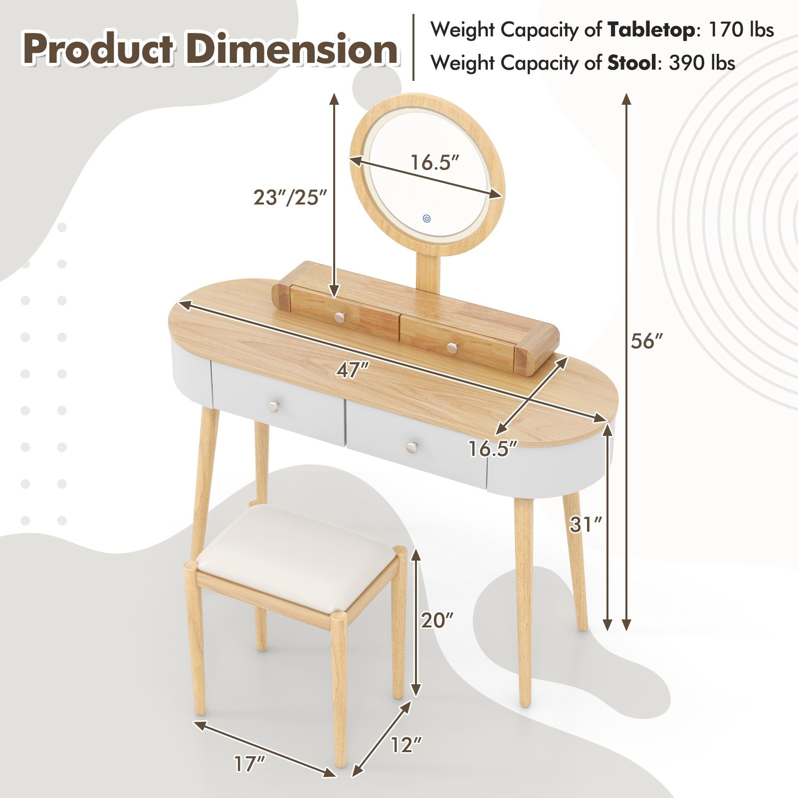 Makeup Vanity Table Set with LED Mirror and 3 Spacious Drawers-White-Natural Wood, White-Natural Wood Makeup Vanities   at Gallery Canada