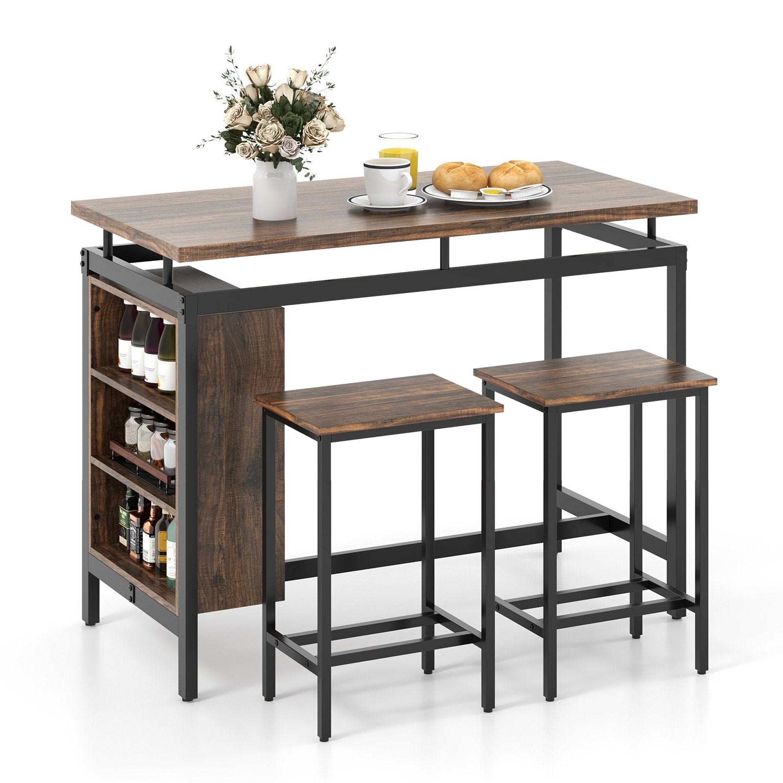 3 Pieces Dining Table Set with 3-Tier Storage Shelf and Metal Frame, Brown Dining Room Sets   at Gallery Canada