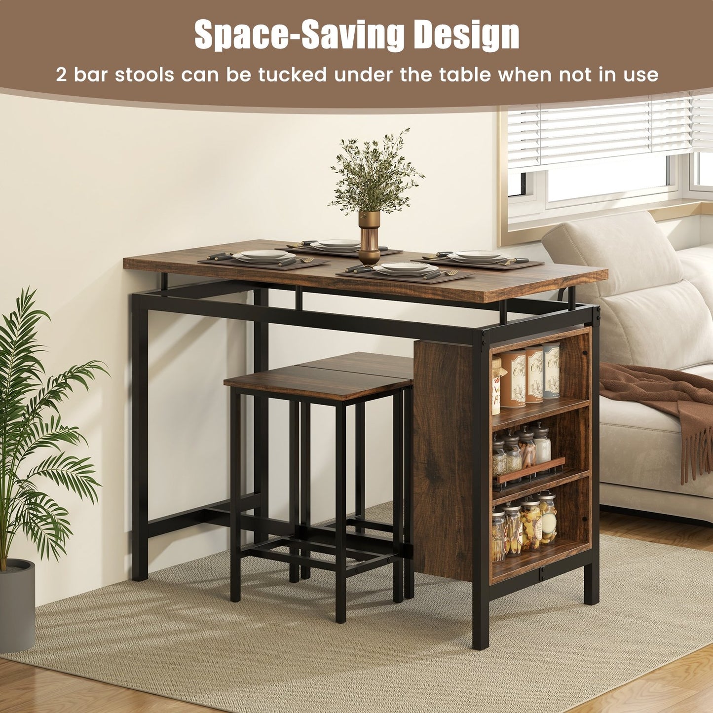 3 Pieces Dining Table Set with 3-Tier Storage Shelf and Metal Frame, Brown Dining Room Sets   at Gallery Canada