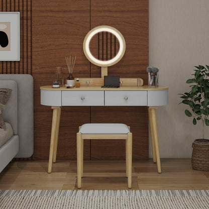 Makeup Vanity Table Set with LED Mirror and 3 Spacious Drawers-White-Natural Wood, White-Natural Wood Makeup Vanities   at Gallery Canada