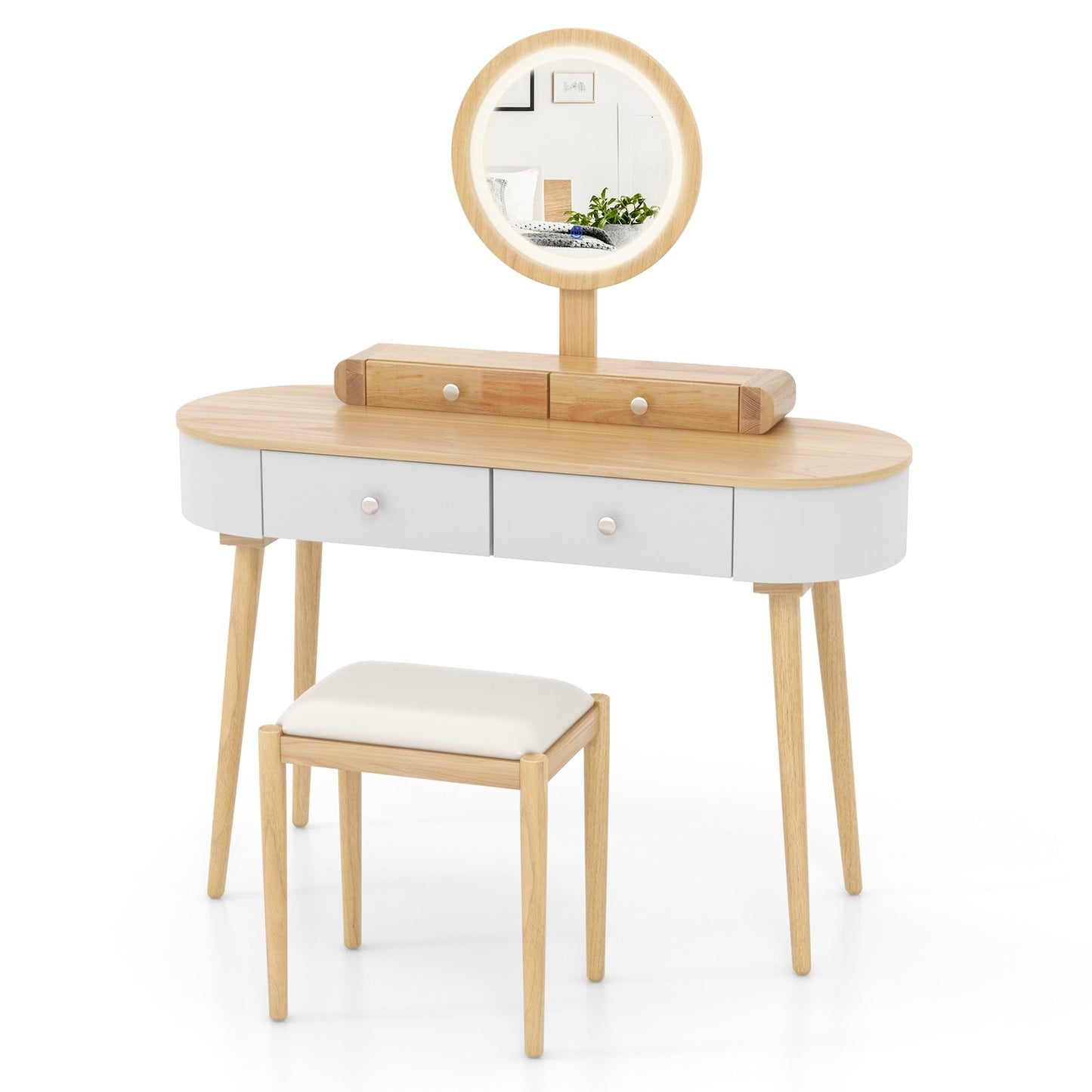 Makeup Vanity Table Set with LED Mirror and 3 Spacious Drawers-White-Natural Wood, White-Natural Wood Makeup Vanities   at Gallery Canada