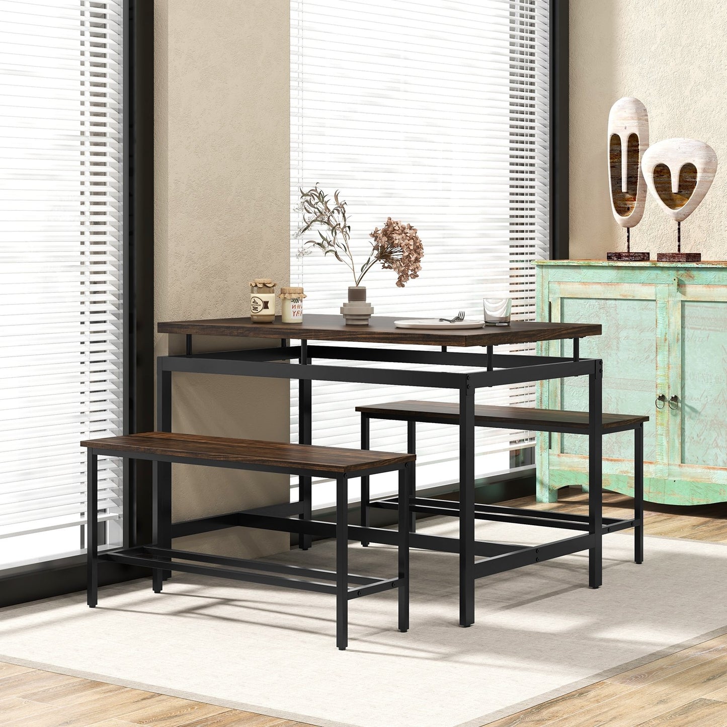 3 Pieces Dining Table Set with Wooden Kitchen Table and 2 Benches, Brown Dining Room Sets   at Gallery Canada