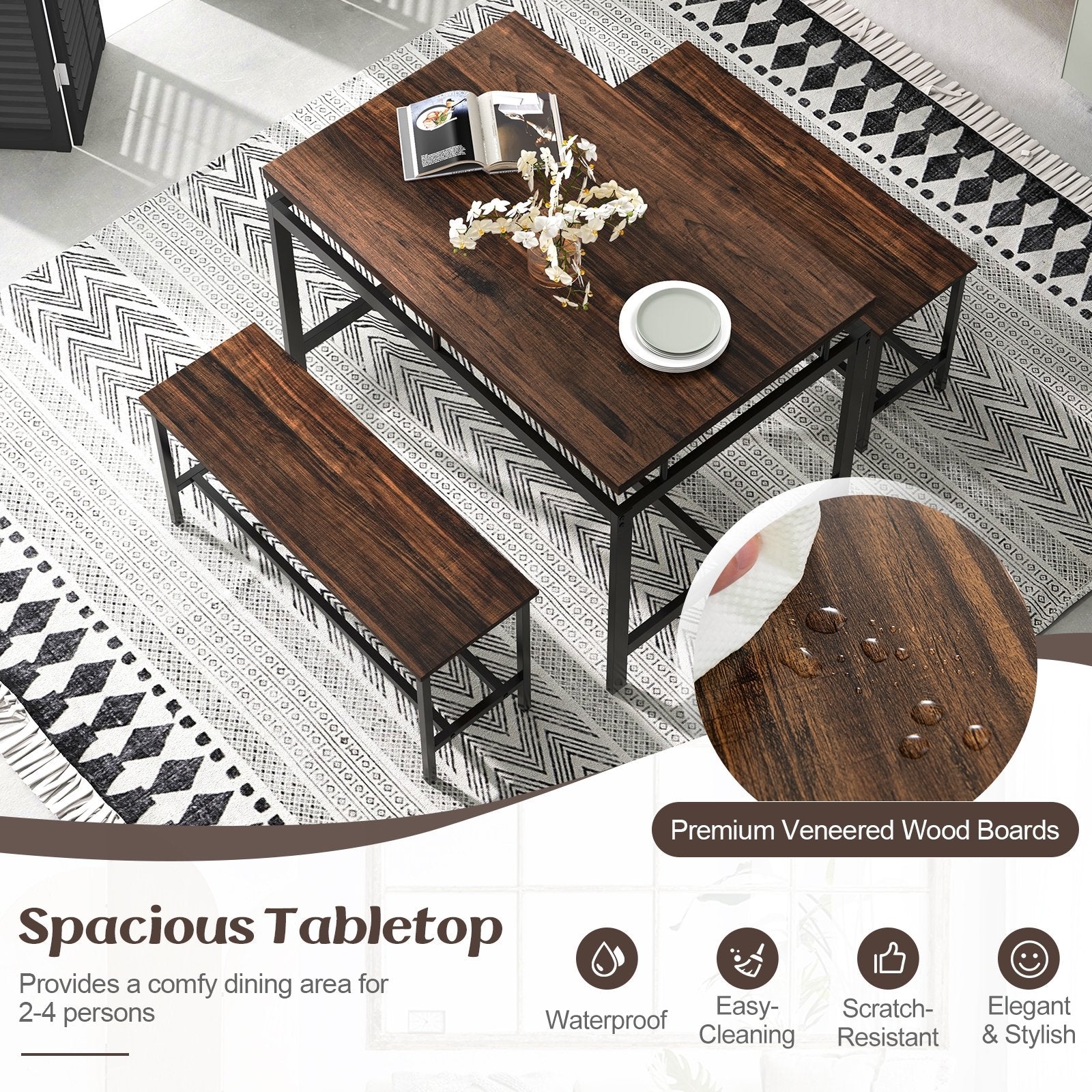 3 Pieces Dining Table Set with Wooden Kitchen Table and 2 Benches, Brown Dining Room Sets   at Gallery Canada