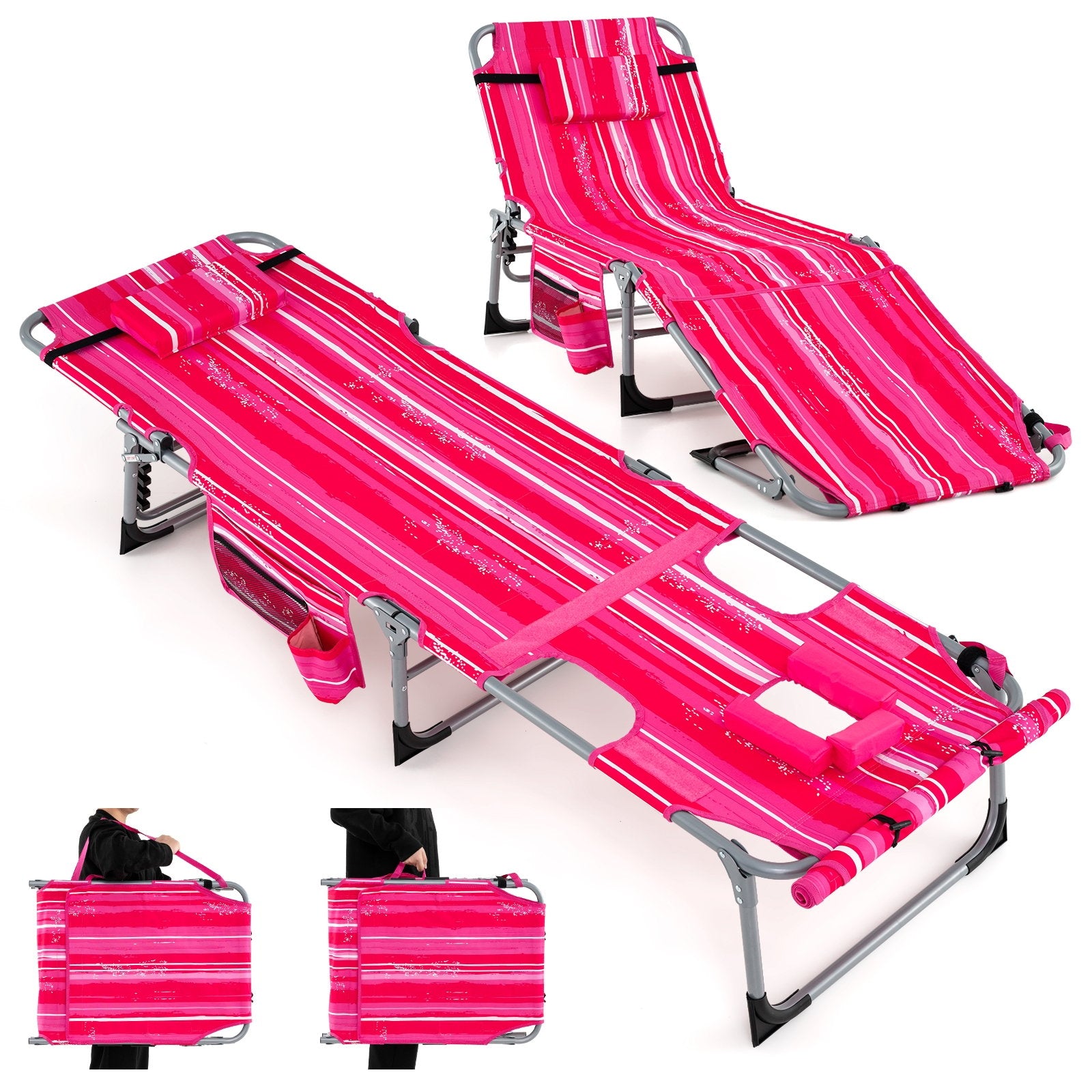 5-position Outdoor Folding Chaise Lounge Chair, Rose Red