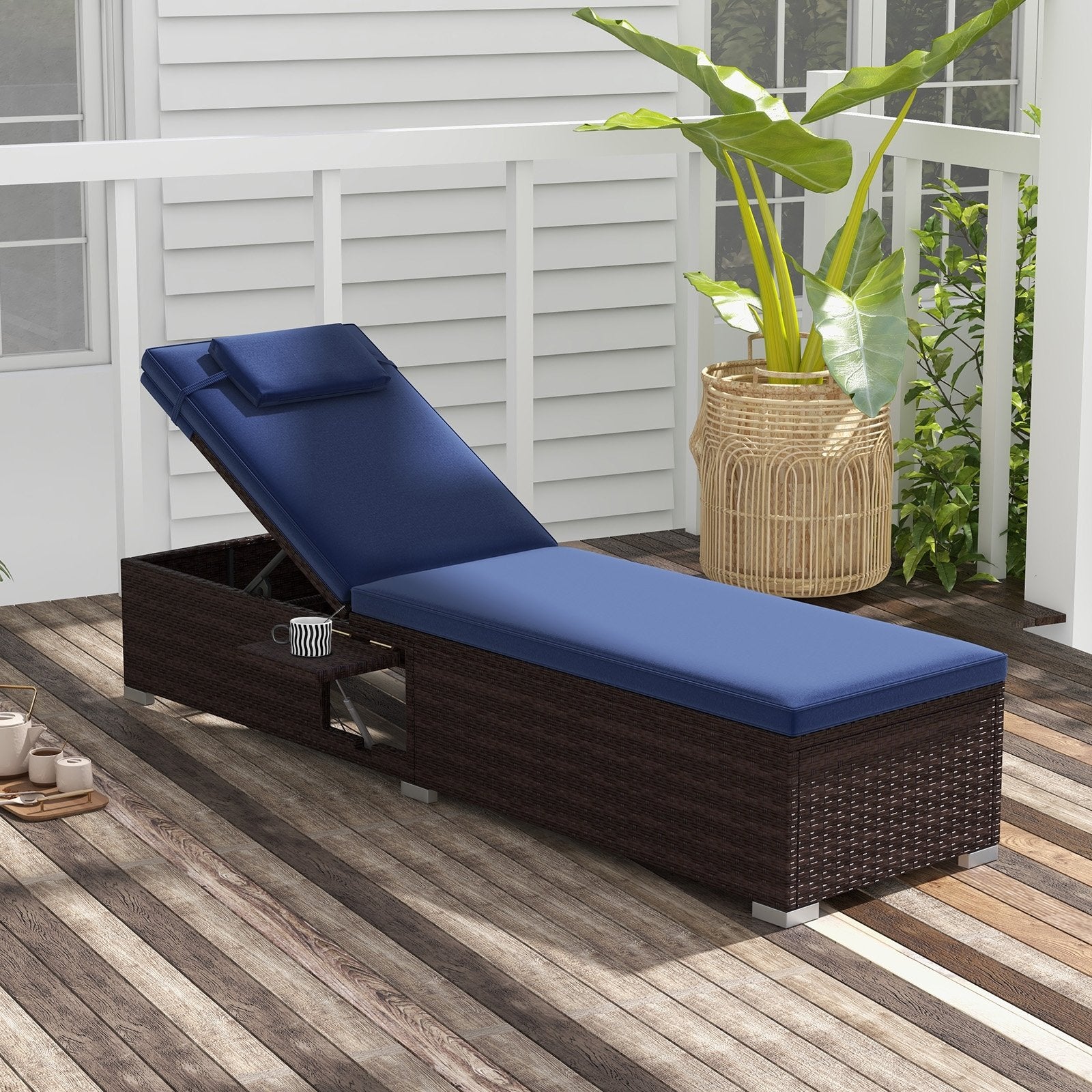 Outdoor PE RattanChaise Lounge with 6-level Backrest, Navy Outdoor Chaise Lounges   at Gallery Canada