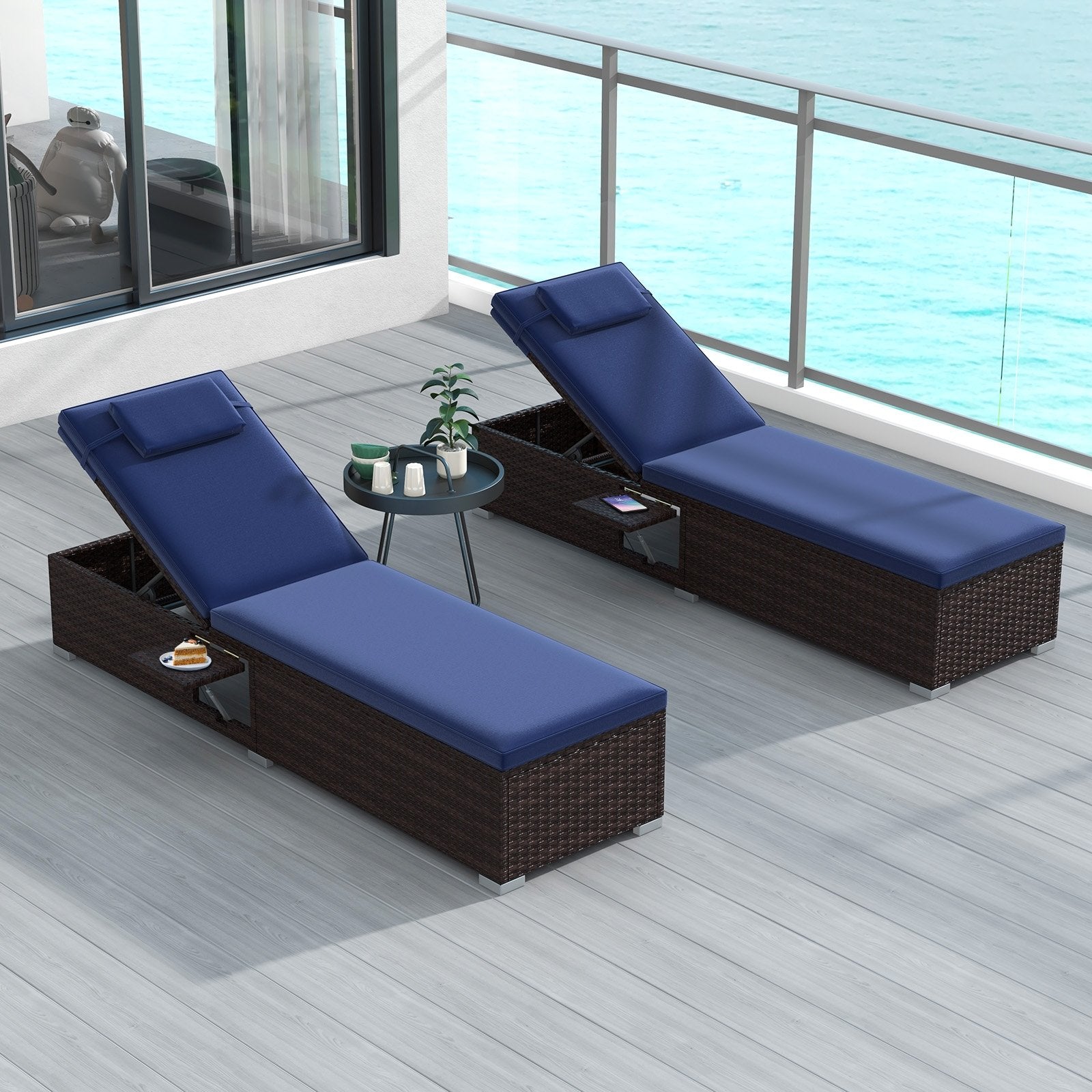 Outdoor PE RattanChaise Lounge with 6-level Backrest, Navy Outdoor Chaise Lounges   at Gallery Canada