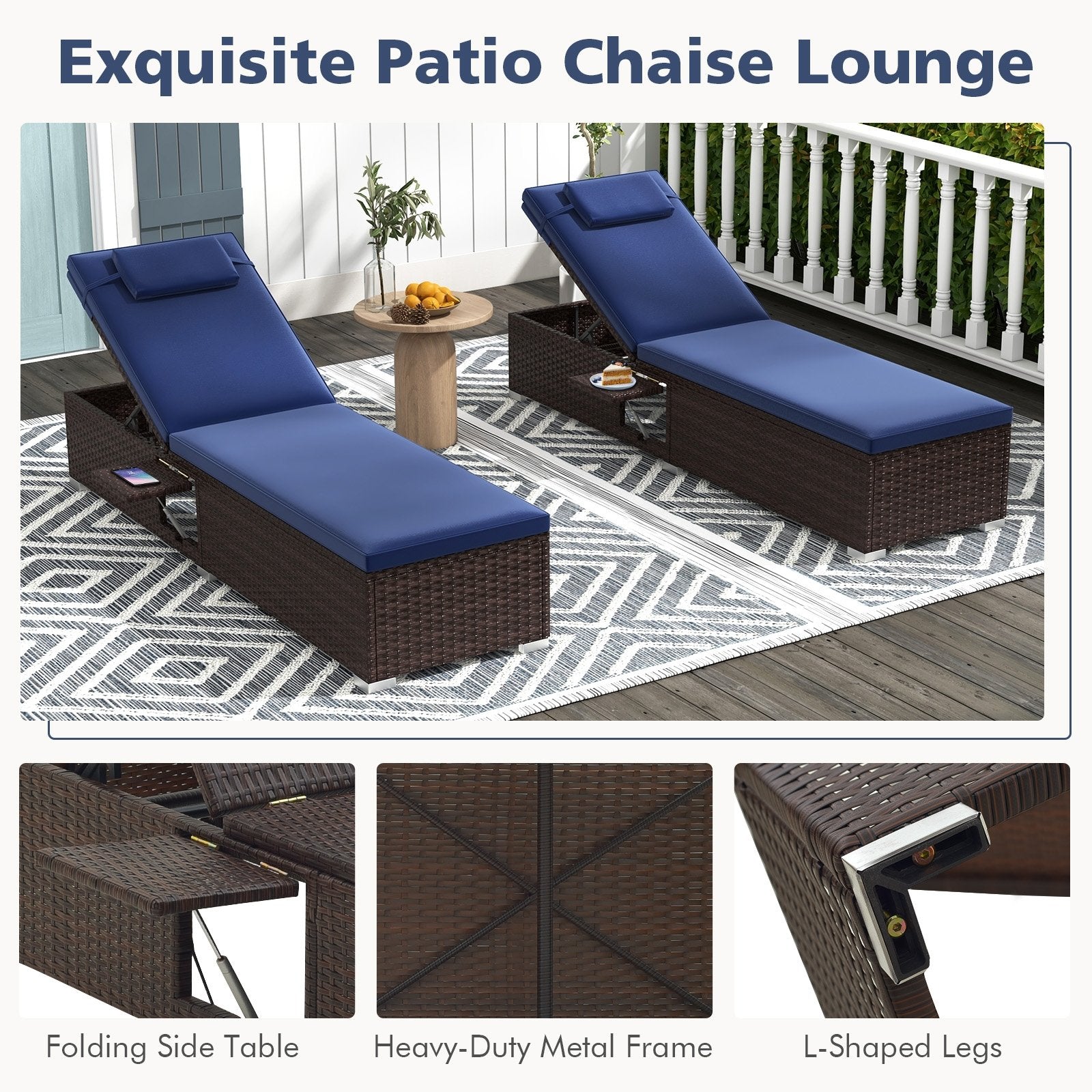 Outdoor PE RattanChaise Lounge with 6-level Backrest, Navy Outdoor Chaise Lounges   at Gallery Canada