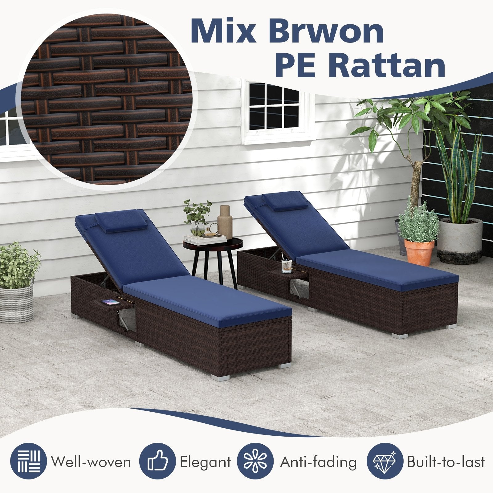 Outdoor PE RattanChaise Lounge with 6-level Backrest, Navy Outdoor Chaise Lounges   at Gallery Canada