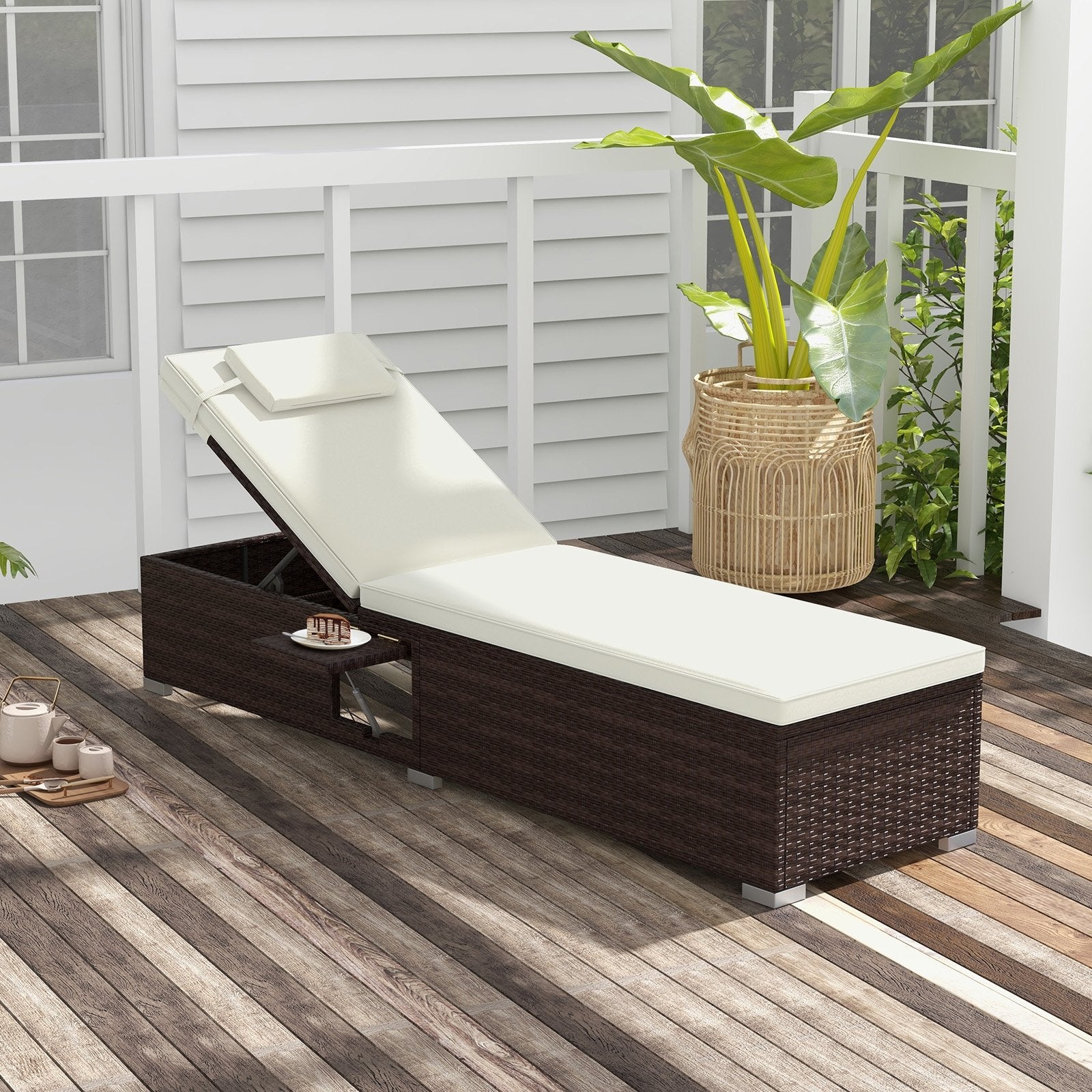 Outdoor PE RattanChaise Lounge with 6-level Backrest, Off White Outdoor Chaise Lounges   at Gallery Canada