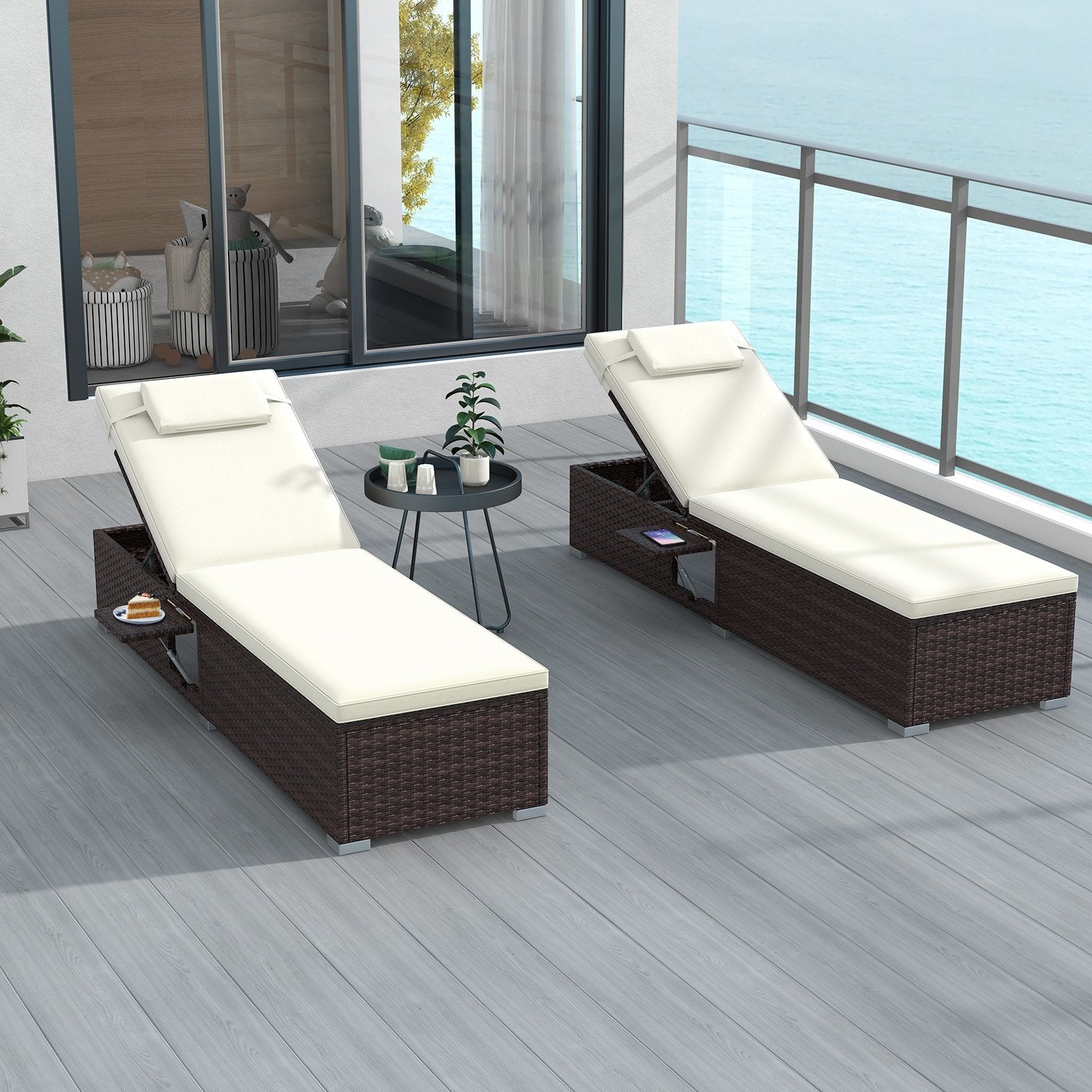 Outdoor PE RattanChaise Lounge with 6-level Backrest, Off White Outdoor Chaise Lounges   at Gallery Canada