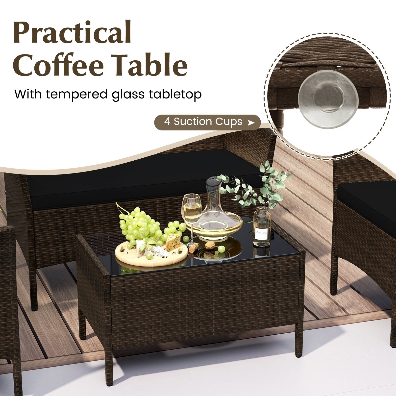 4 Piece Patio Rattan Conversation Set with Cozy Seat Cushions, Black Patio Conversation Sets   at Gallery Canada