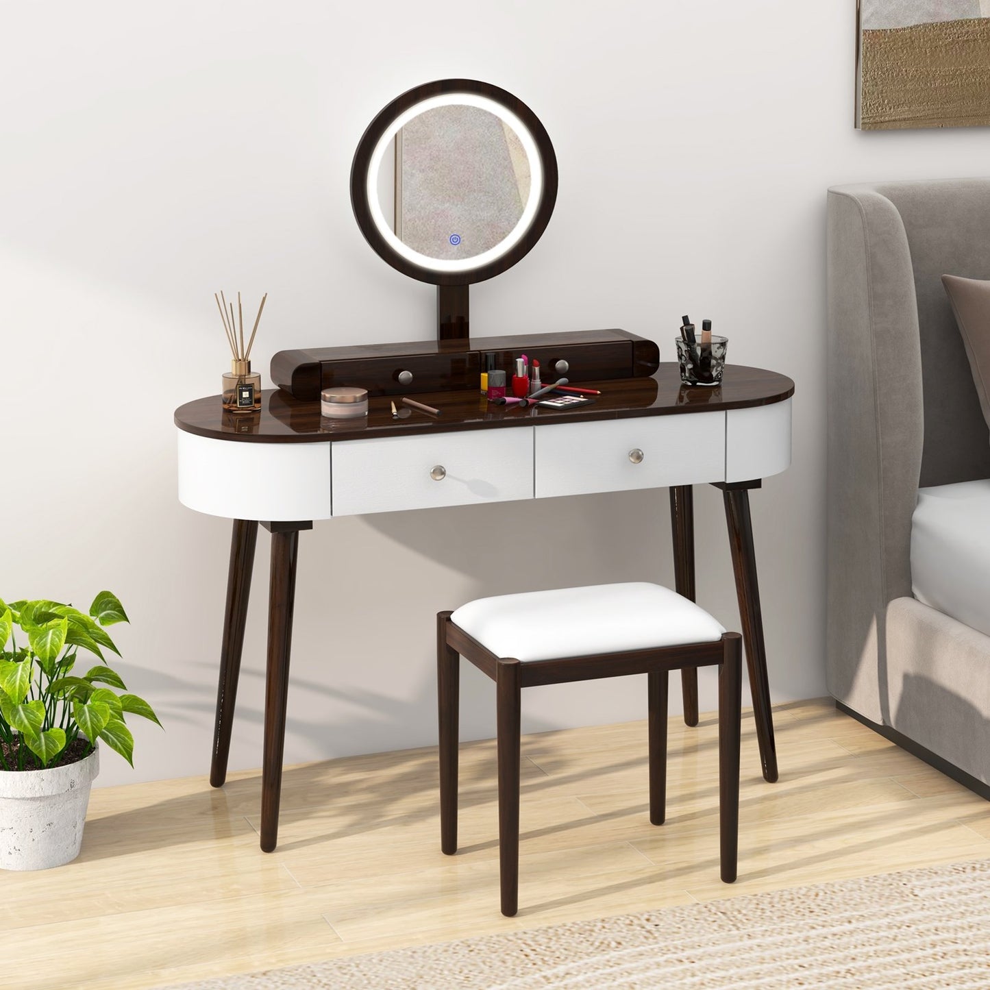 Makeup Vanity Table Set with LED Mirror and 3 Spacious Drawers-White, White-Brown Makeup Vanities   at Gallery Canada