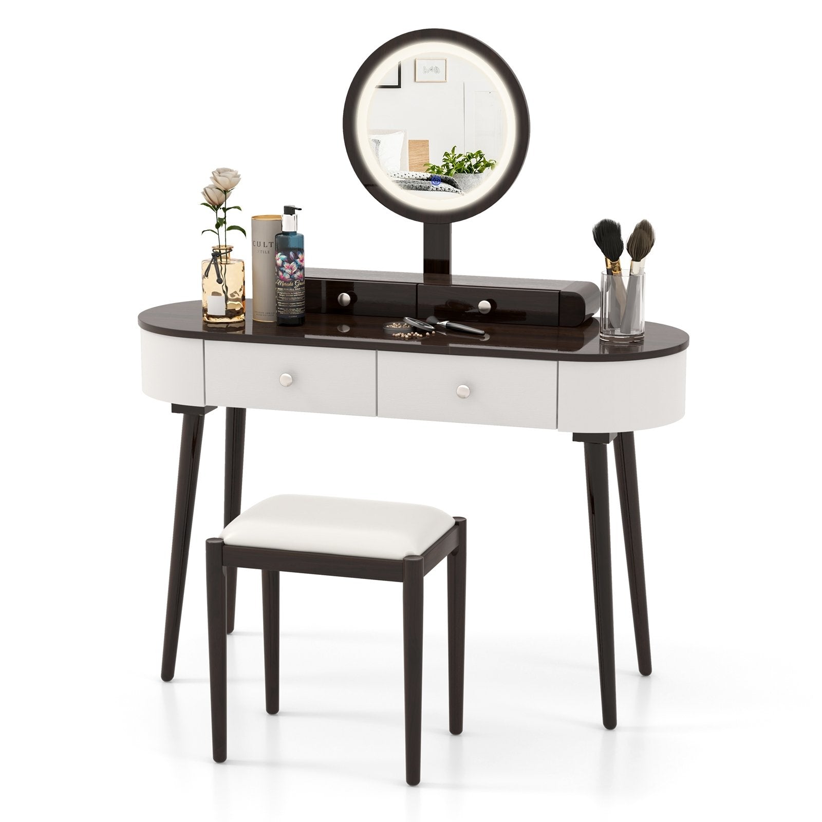 Makeup Vanity Table Set with LED Mirror and 3 Spacious Drawers-White, White-Brown Makeup Vanities   at Gallery Canada