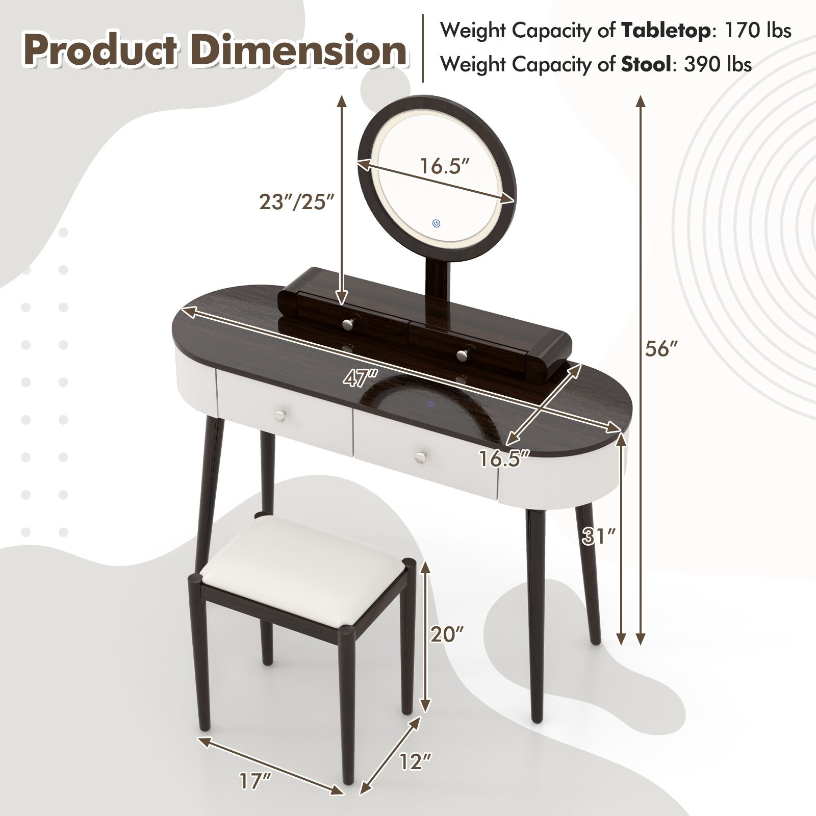 Makeup Vanity Table Set with LED Mirror and 3 Spacious Drawers-White, White-Brown Makeup Vanities   at Gallery Canada