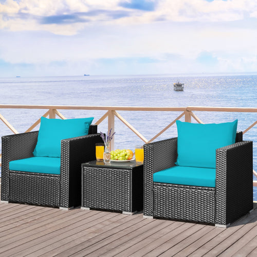 3 Pieces Patio Wicker Conversation Set with Cushion, Turquoise