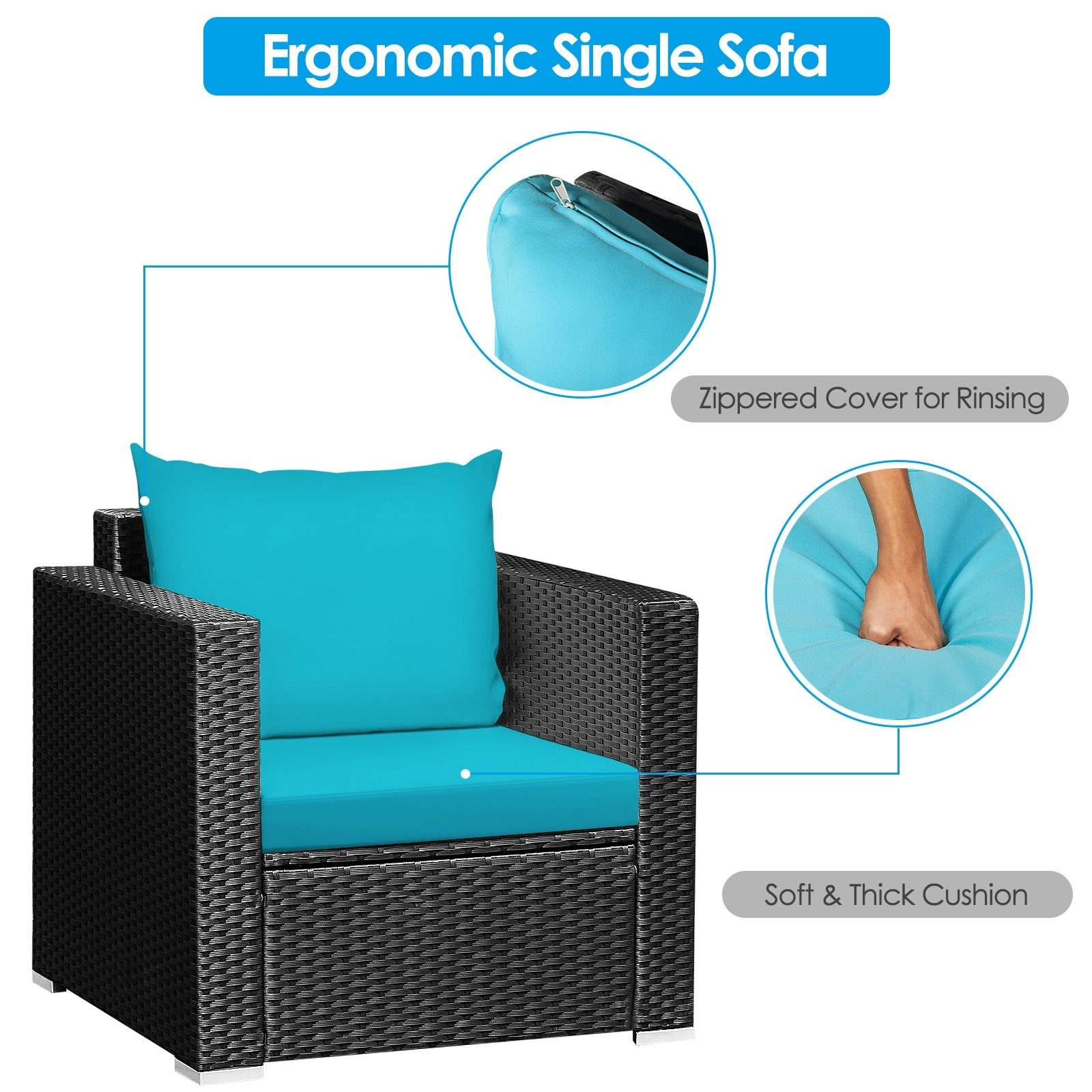 3 Pieces Patio Wicker Conversation Set with Cushion, Turquoise Patio Conversation Sets   at Gallery Canada