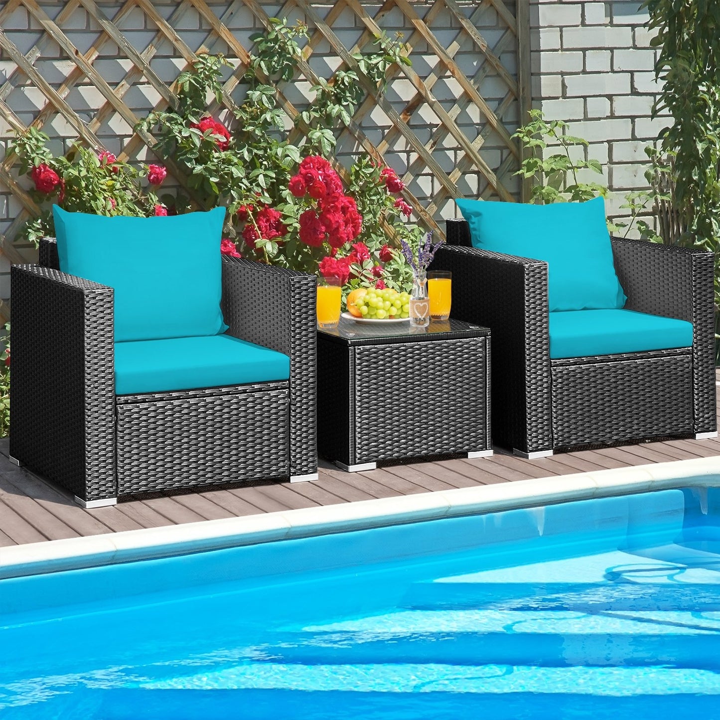 3 Pieces Patio Wicker Conversation Set with Cushion, Turquoise Patio Conversation Sets   at Gallery Canada