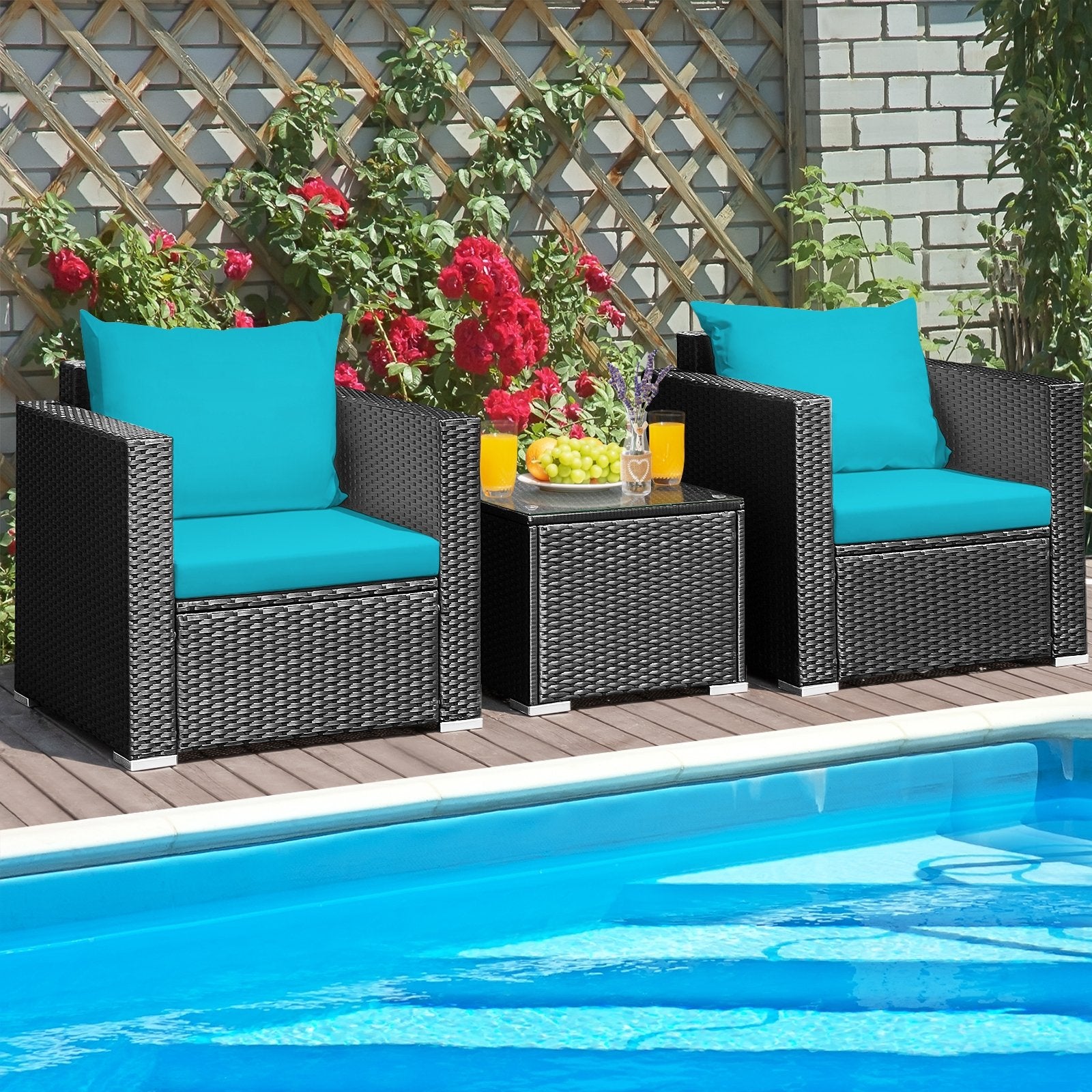 3 Pieces Patio Wicker Conversation Set with Cushion, Turquoise Patio Conversation Sets   at Gallery Canada