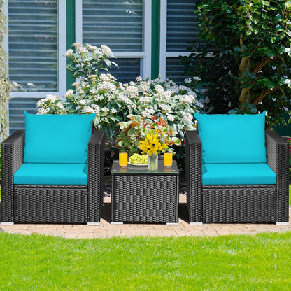 3 Pieces Patio Wicker Conversation Set with Cushion, Turquoise Patio Conversation Sets   at Gallery Canada