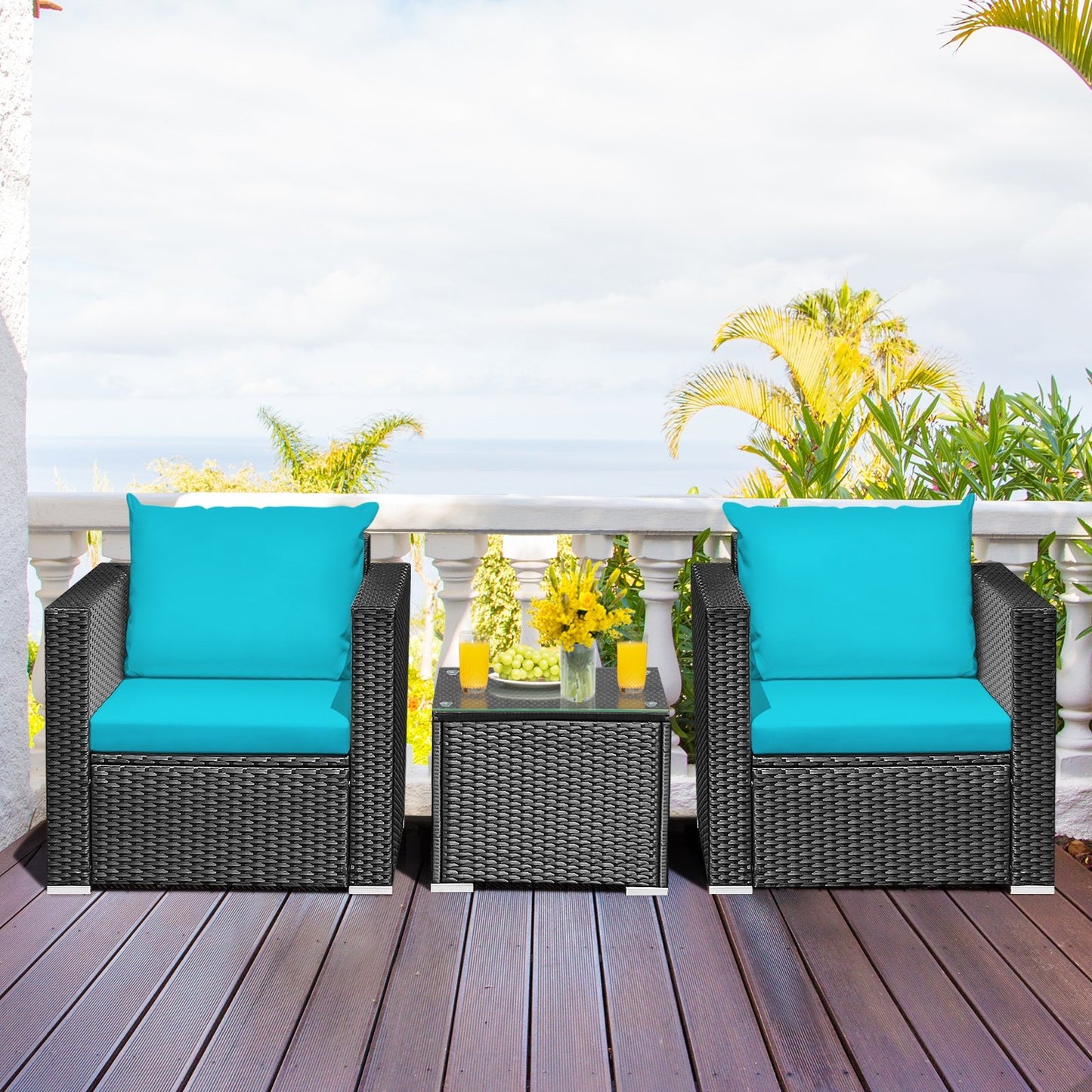 3 Pieces Patio Wicker Conversation Set with Cushion, Turquoise Patio Conversation Sets   at Gallery Canada