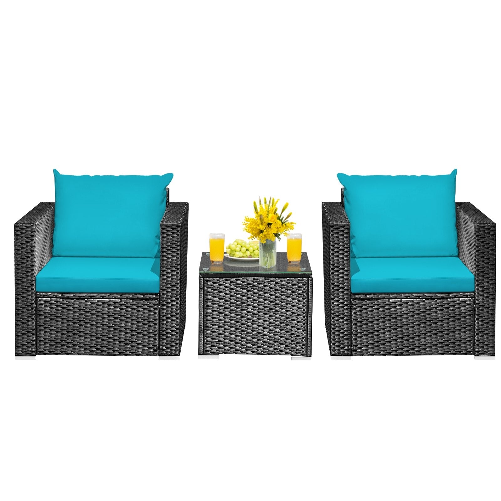 3 Pieces Patio Wicker Conversation Set with Cushion, Turquoise Patio Conversation Sets   at Gallery Canada