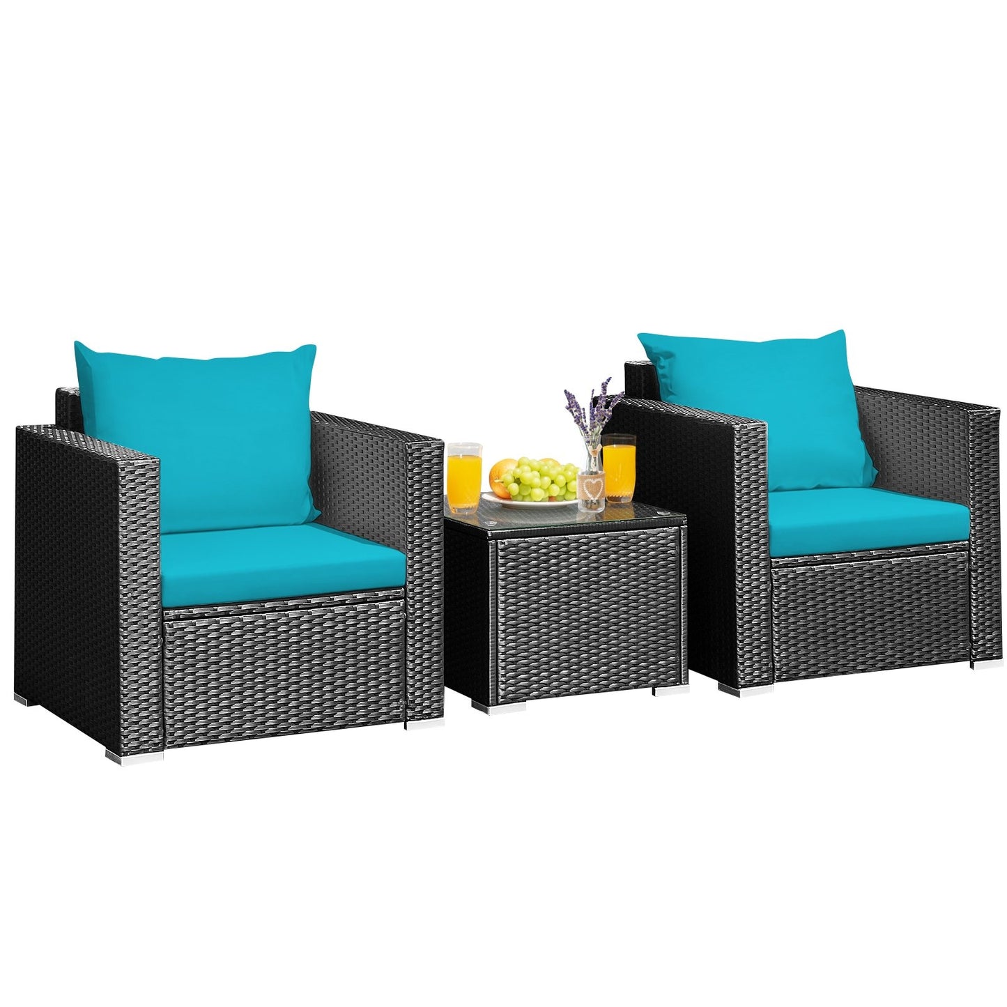 3 Pieces Patio Wicker Conversation Set with Cushion, Turquoise Patio Conversation Sets   at Gallery Canada