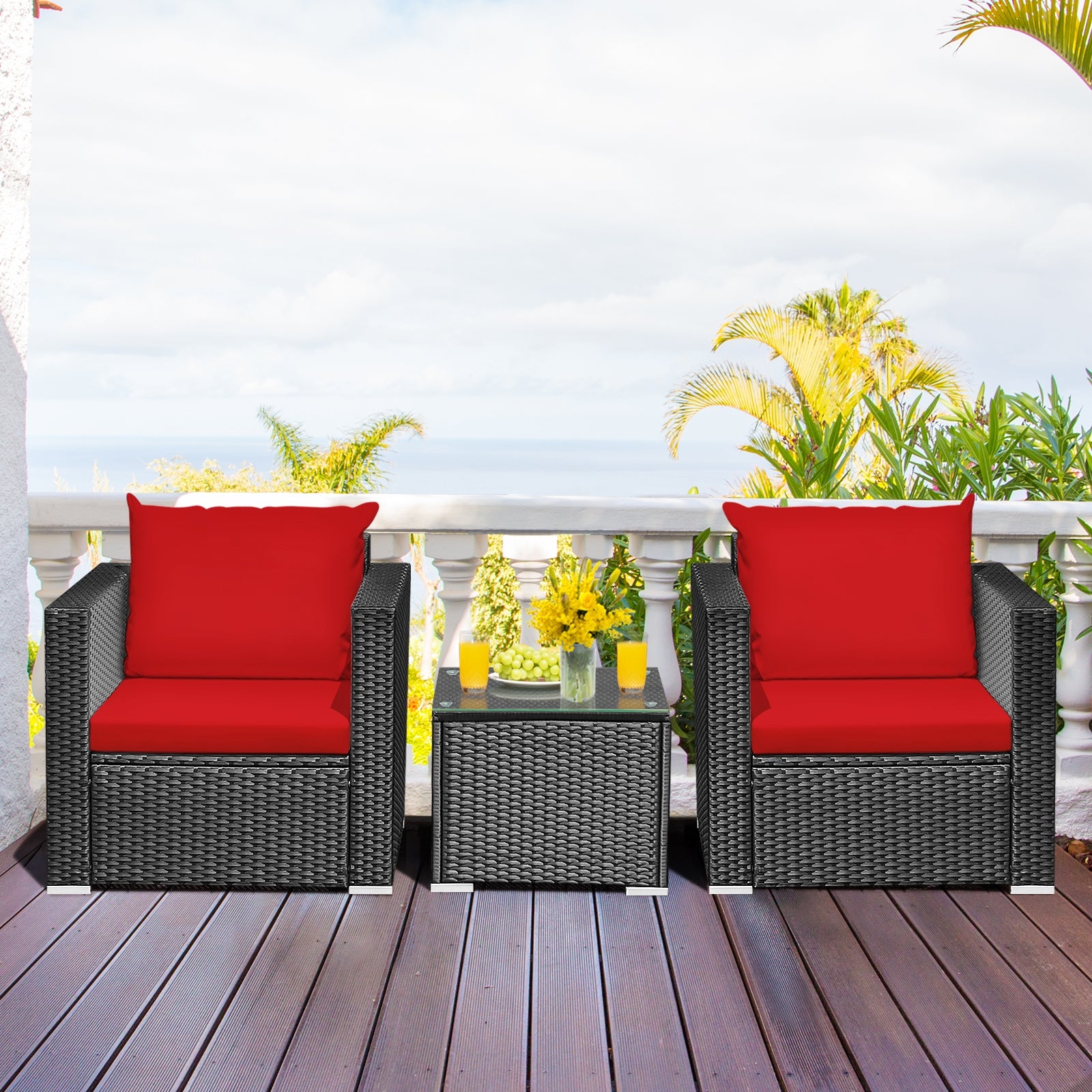 3 Pieces Patio wicker Furniture Set with Cushion, Red Patio Conversation Sets   at Gallery Canada