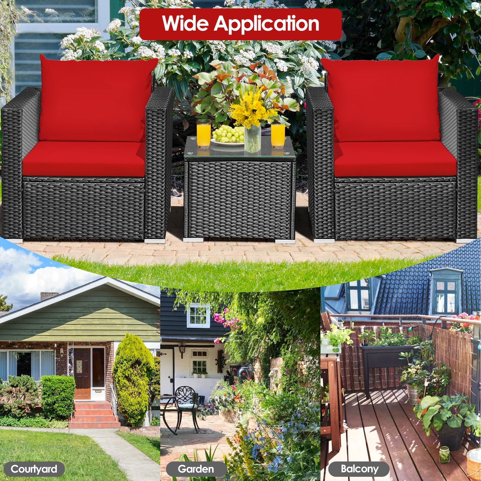 3 Pieces Patio wicker Furniture Set with Cushion, Red Patio Conversation Sets   at Gallery Canada