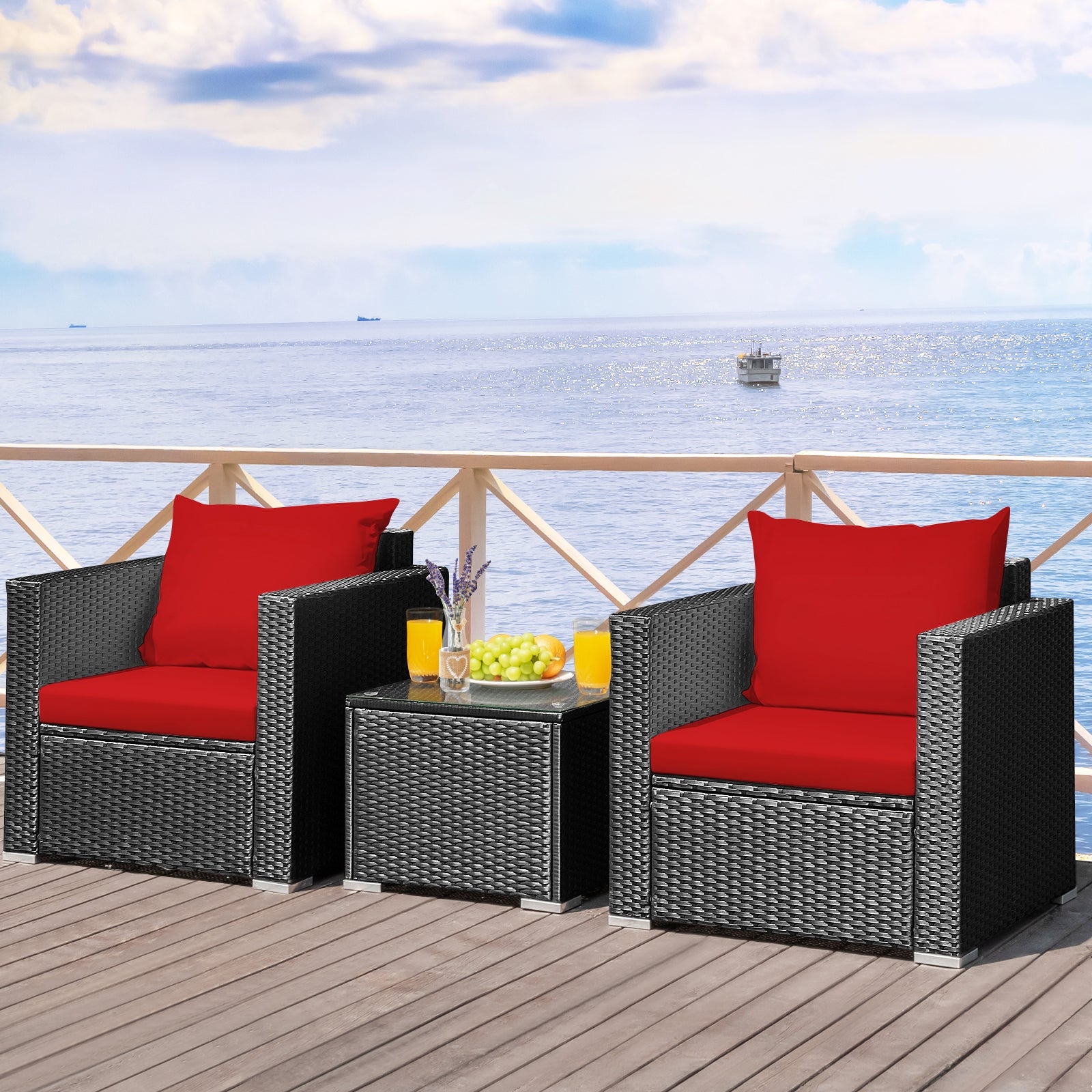 3 Pieces Patio wicker Furniture Set with Cushion, Red Patio Conversation Sets   at Gallery Canada