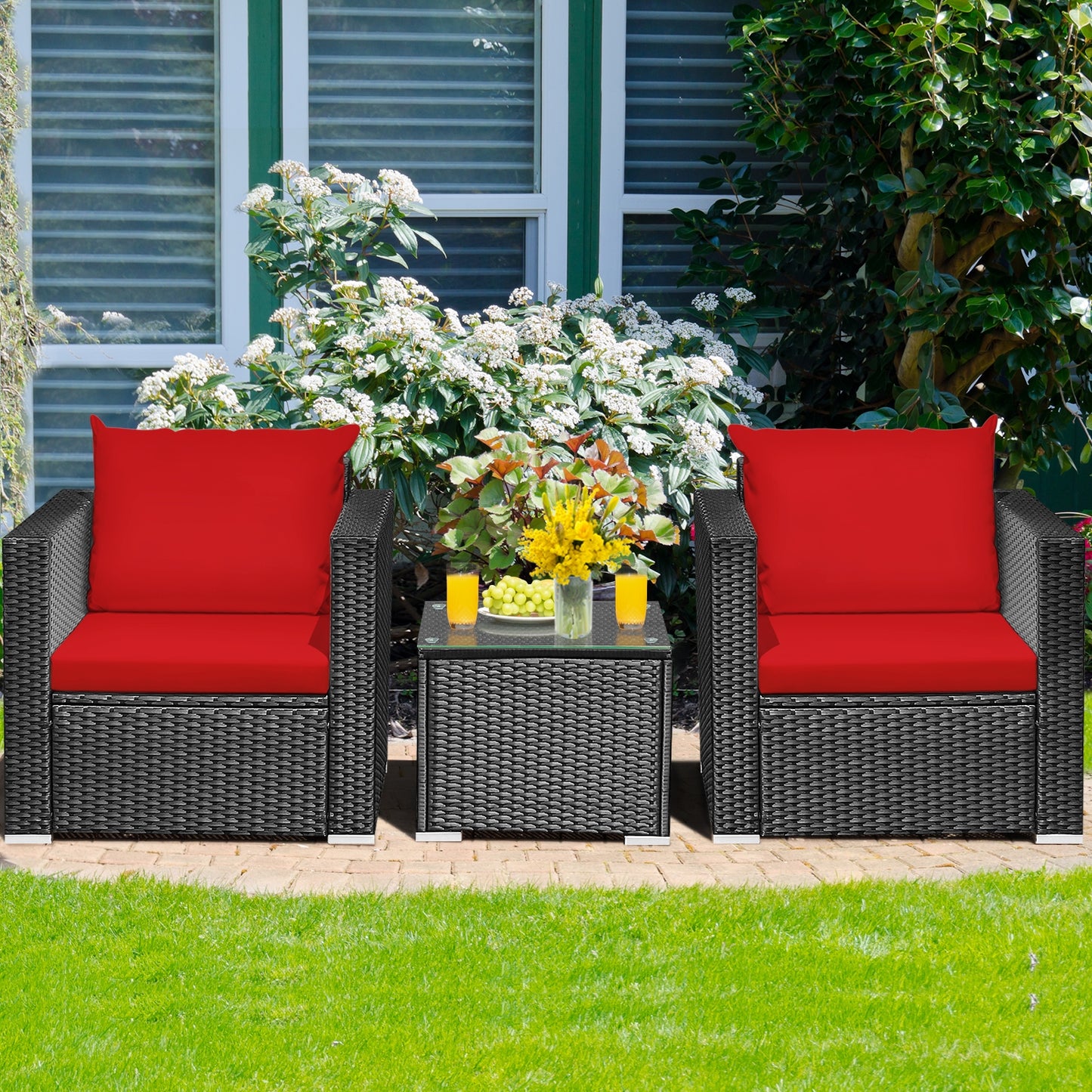 3 Pieces Patio wicker Furniture Set with Cushion, Red Patio Conversation Sets   at Gallery Canada