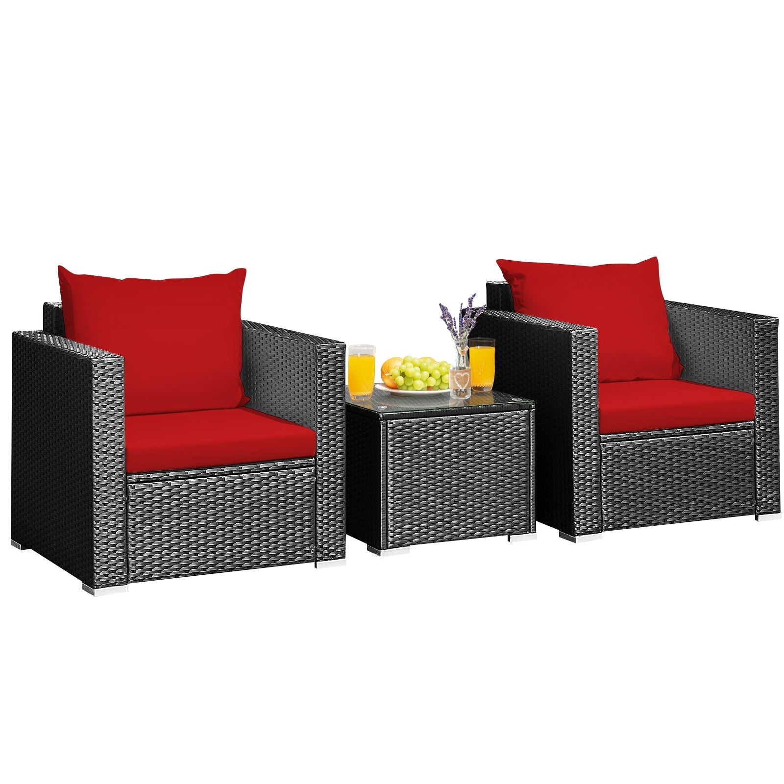 3 Pieces Patio wicker Furniture Set with Cushion, Red Patio Conversation Sets Red  at Gallery Canada