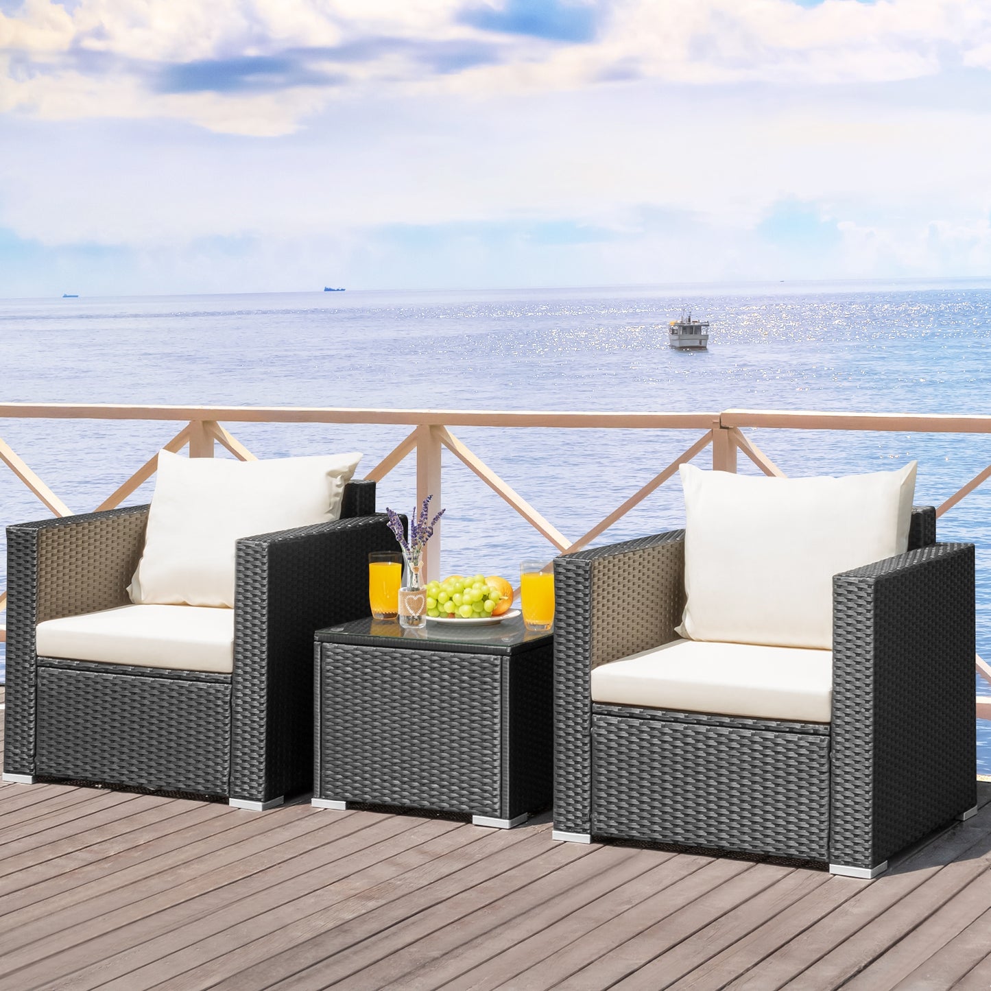 3 Pieces Patio wicker Furniture Set with Cushion, White Patio Conversation Sets   at Gallery Canada