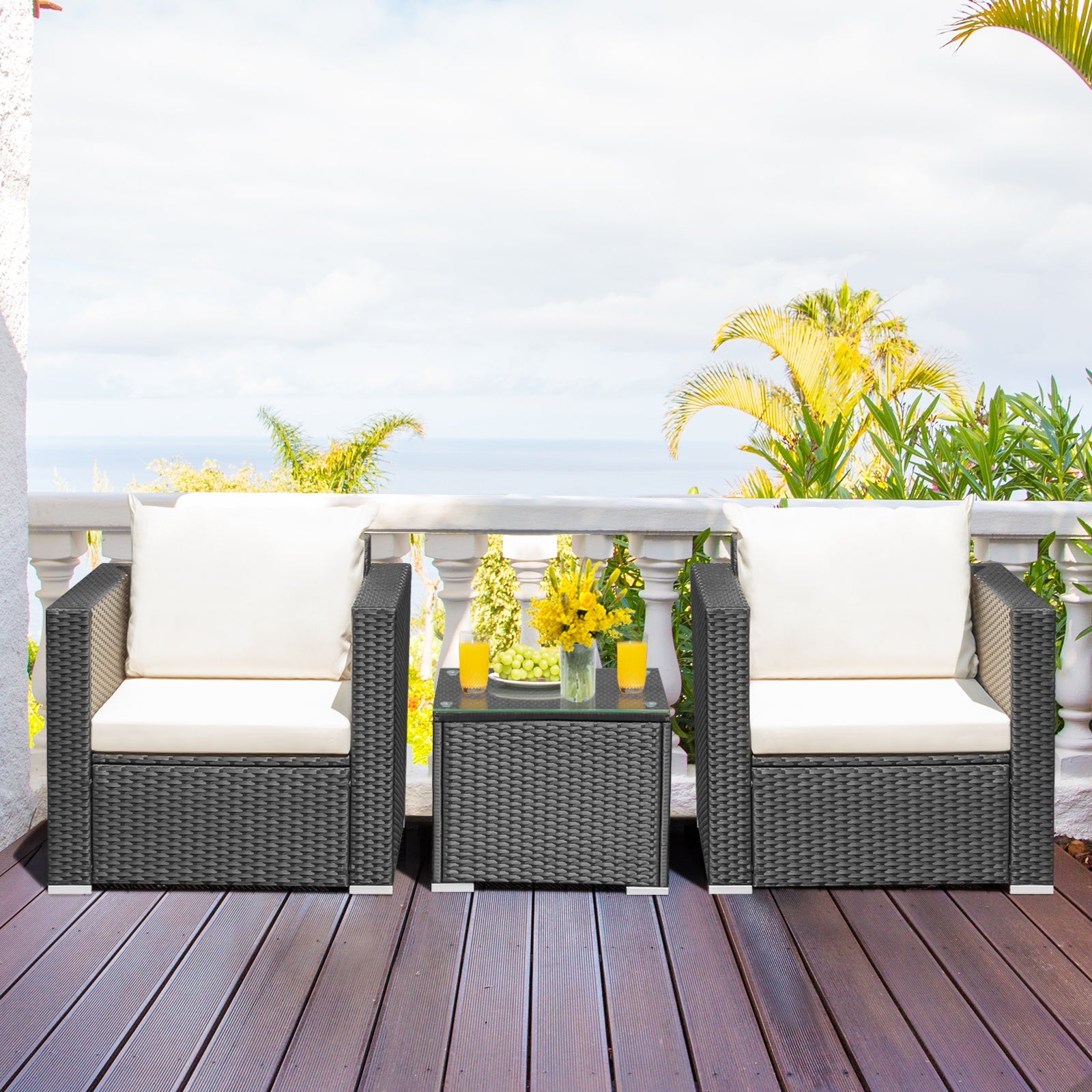 3 Pieces Patio wicker Furniture Set with Cushion, White Patio Conversation Sets   at Gallery Canada