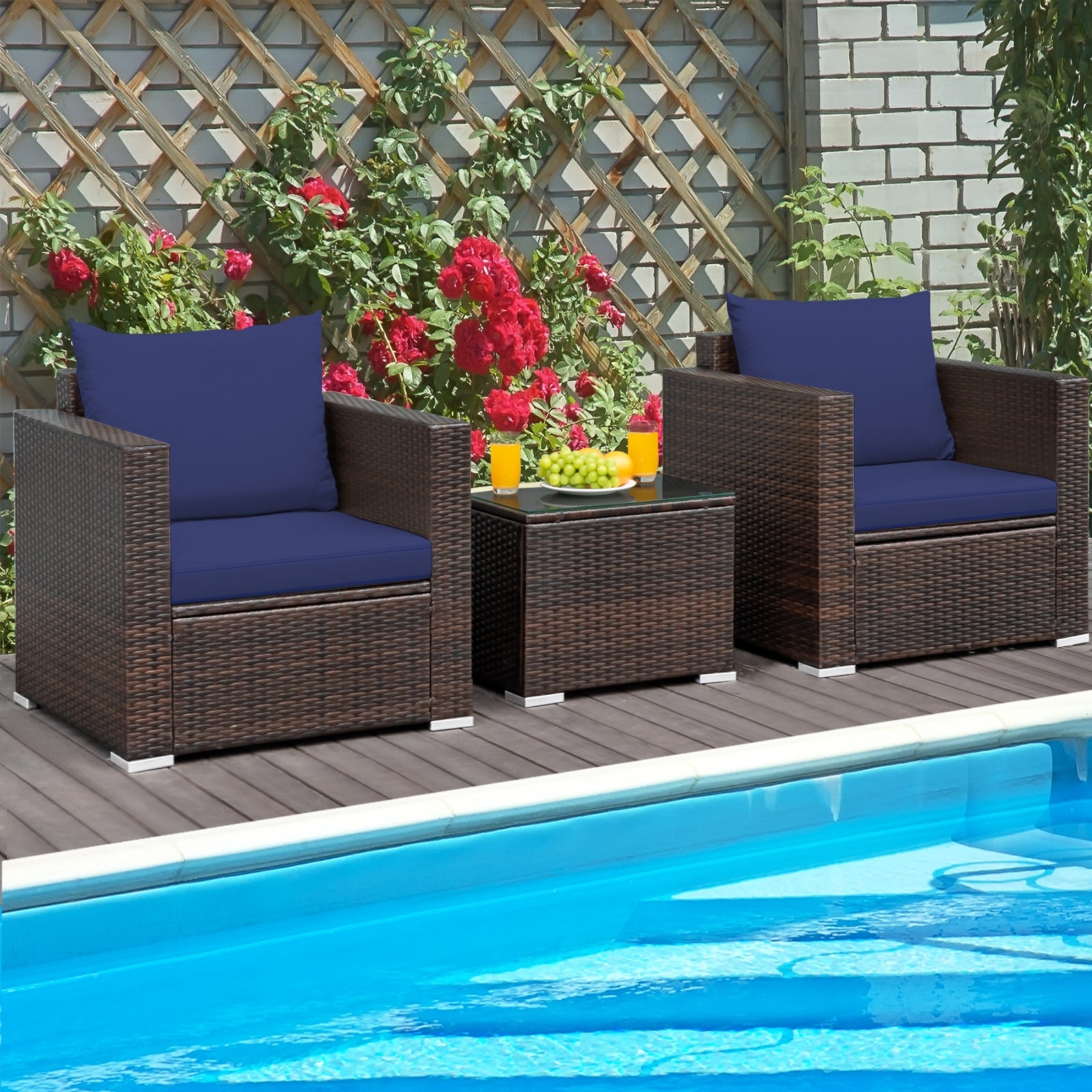 3 Pcs Patio Conversation Rattan Furniture Set with Cushion, Blue Patio Conversation Sets   at Gallery Canada