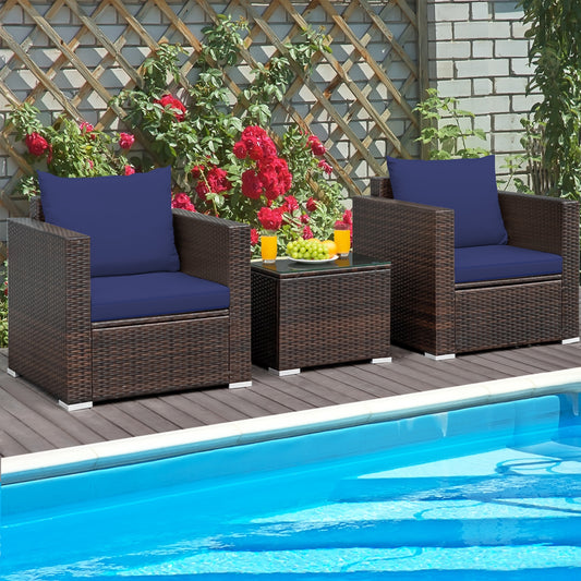 3 Pcs Patio Conversation Rattan Furniture Set with Cushion, Blue Patio Conversation Sets Blue  at Gallery Canada