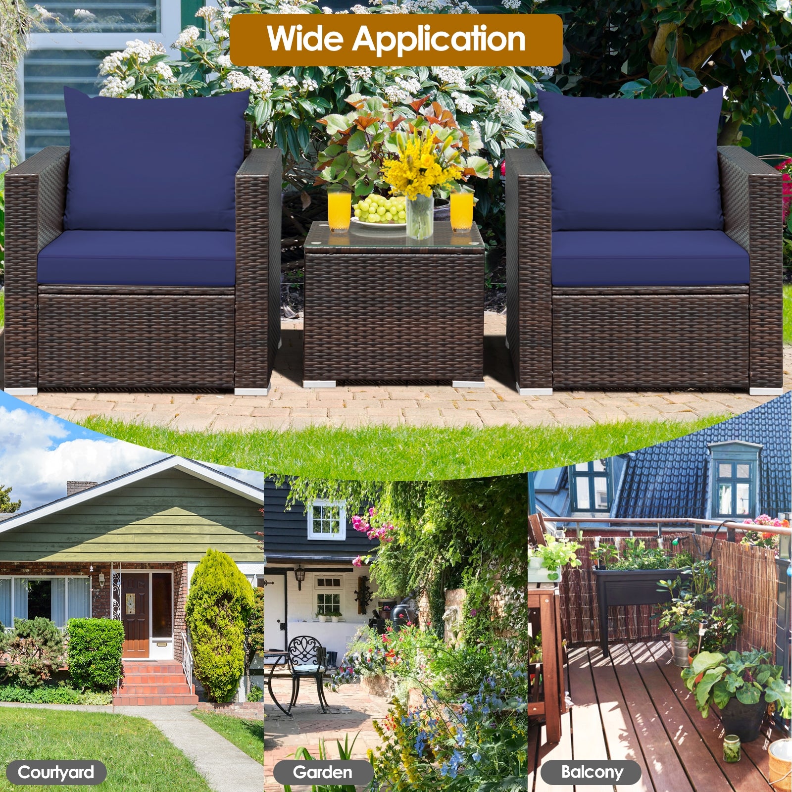 3 Pcs Patio Conversation Rattan Furniture Set with Cushion, Blue Patio Conversation Sets   at Gallery Canada