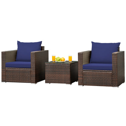 3 Pcs Patio Conversation Rattan Furniture Set with Cushion, Blue Patio Conversation Sets Blue  at Gallery Canada